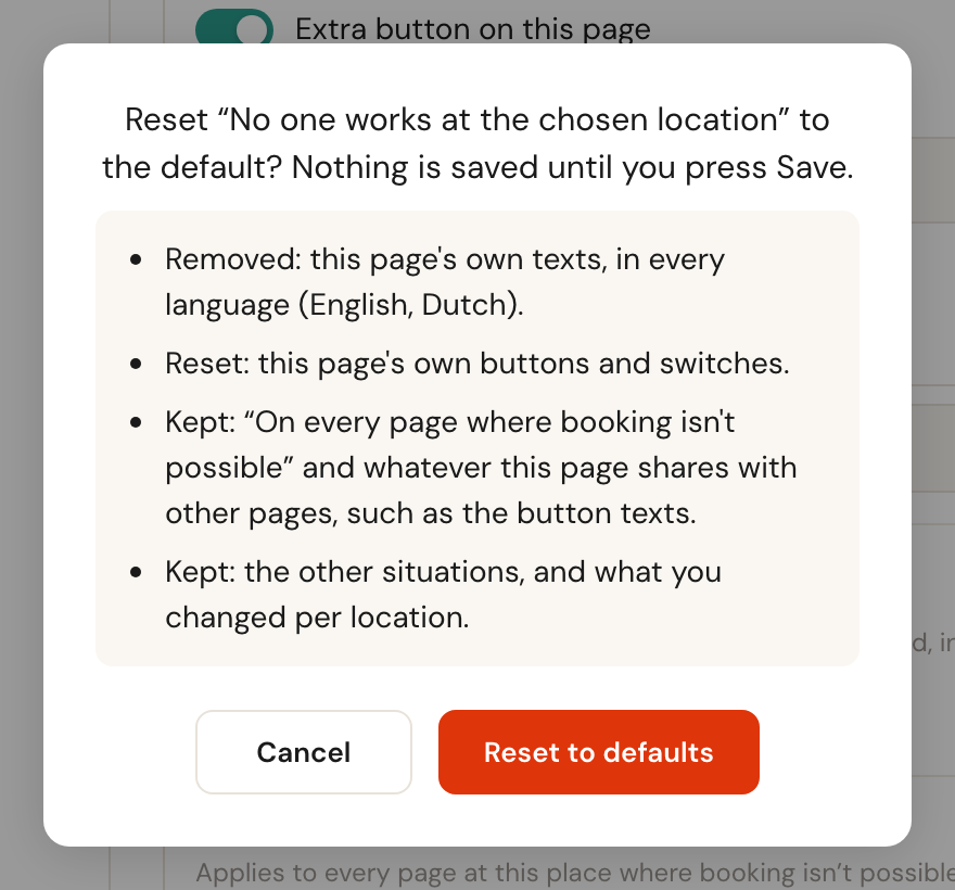 The confirmation for resetting a situation: what is removed and reset, with the languages named, and what stays.