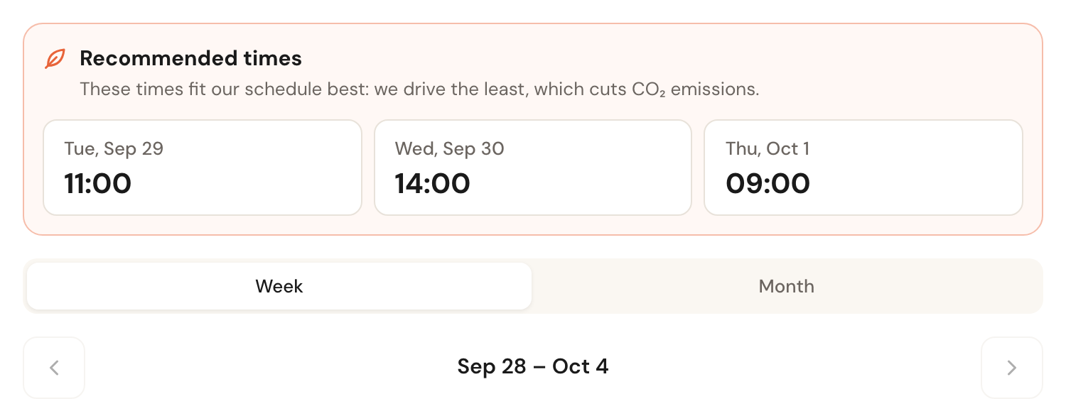 The preview on the date & time step: at the top the Recommended times panel with a leaf, the line These times fit our schedule best: we drive the least, which cuts CO₂ emissions., and three cards with a day and a time; below it the calendar with Week and Month.