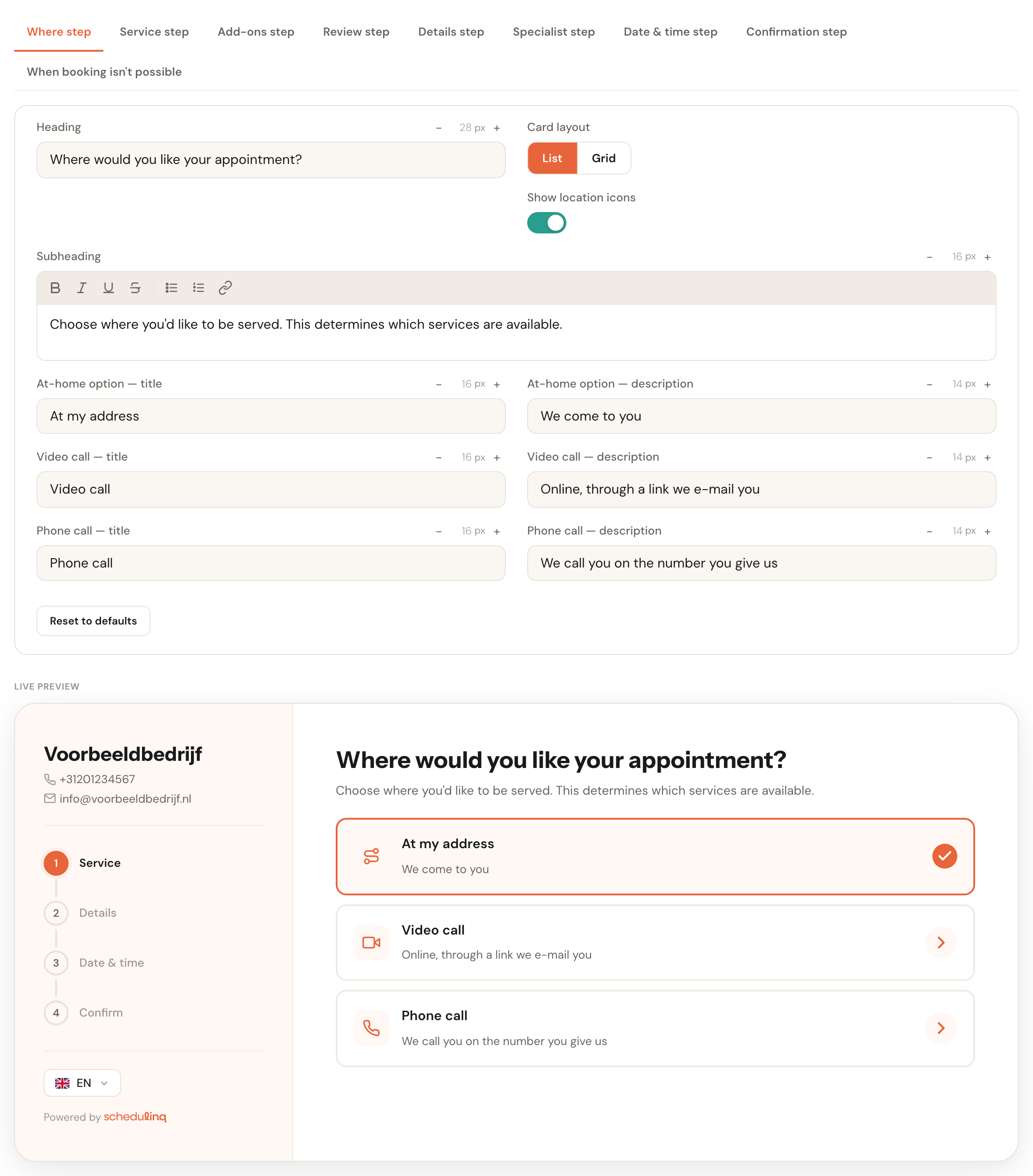 The Where step tab with the heading, the subheading and the texts for the at-home, video call and phone call options. Below it, the preview 'Where would you like your appointment?' with the cards At my address, Video call and Phone call.