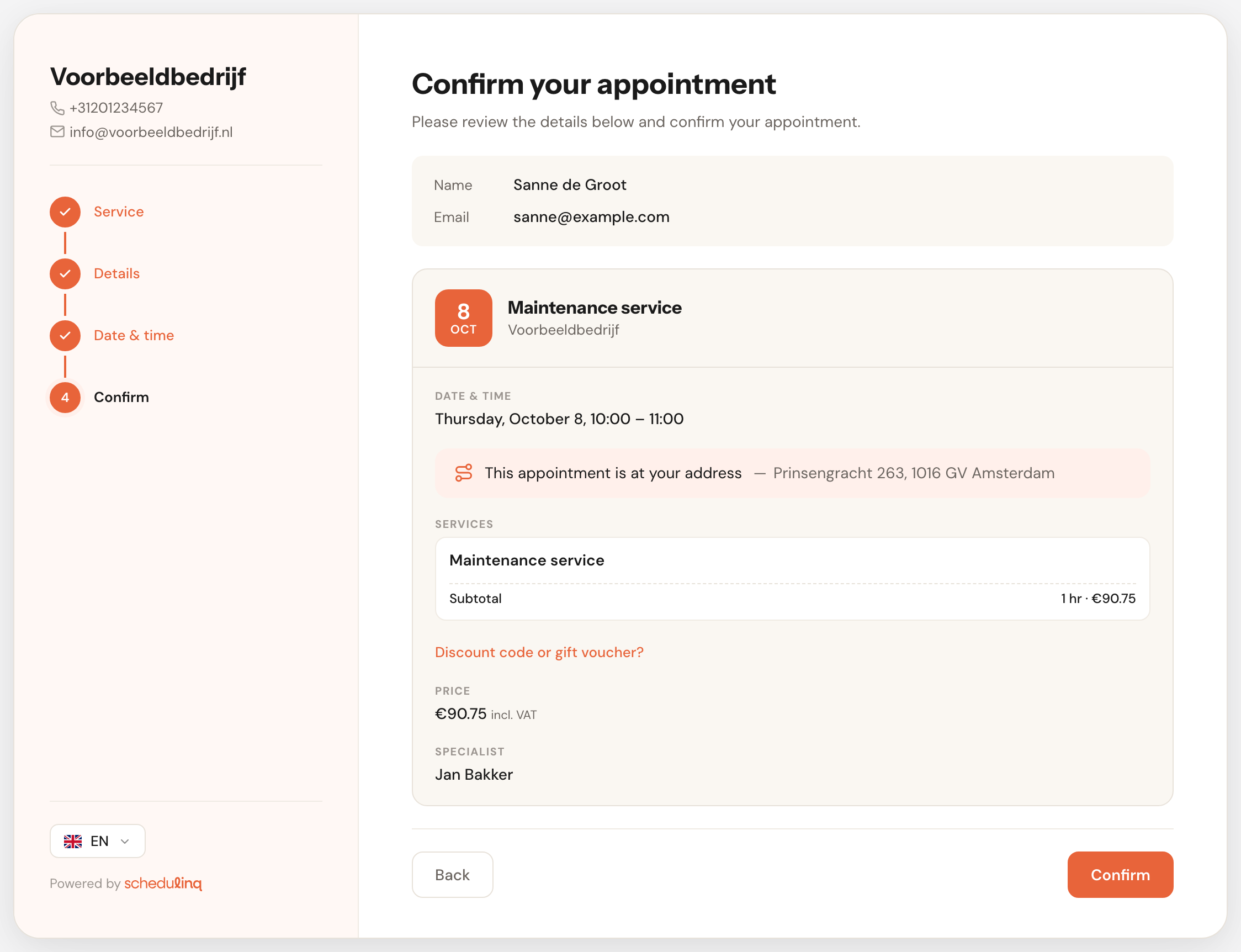 The last step, Confirm your appointment, with the link Discount code or gift voucher? under the service, above the price €90.75 incl. VAT. Clicking the link opens the box to type the code in.