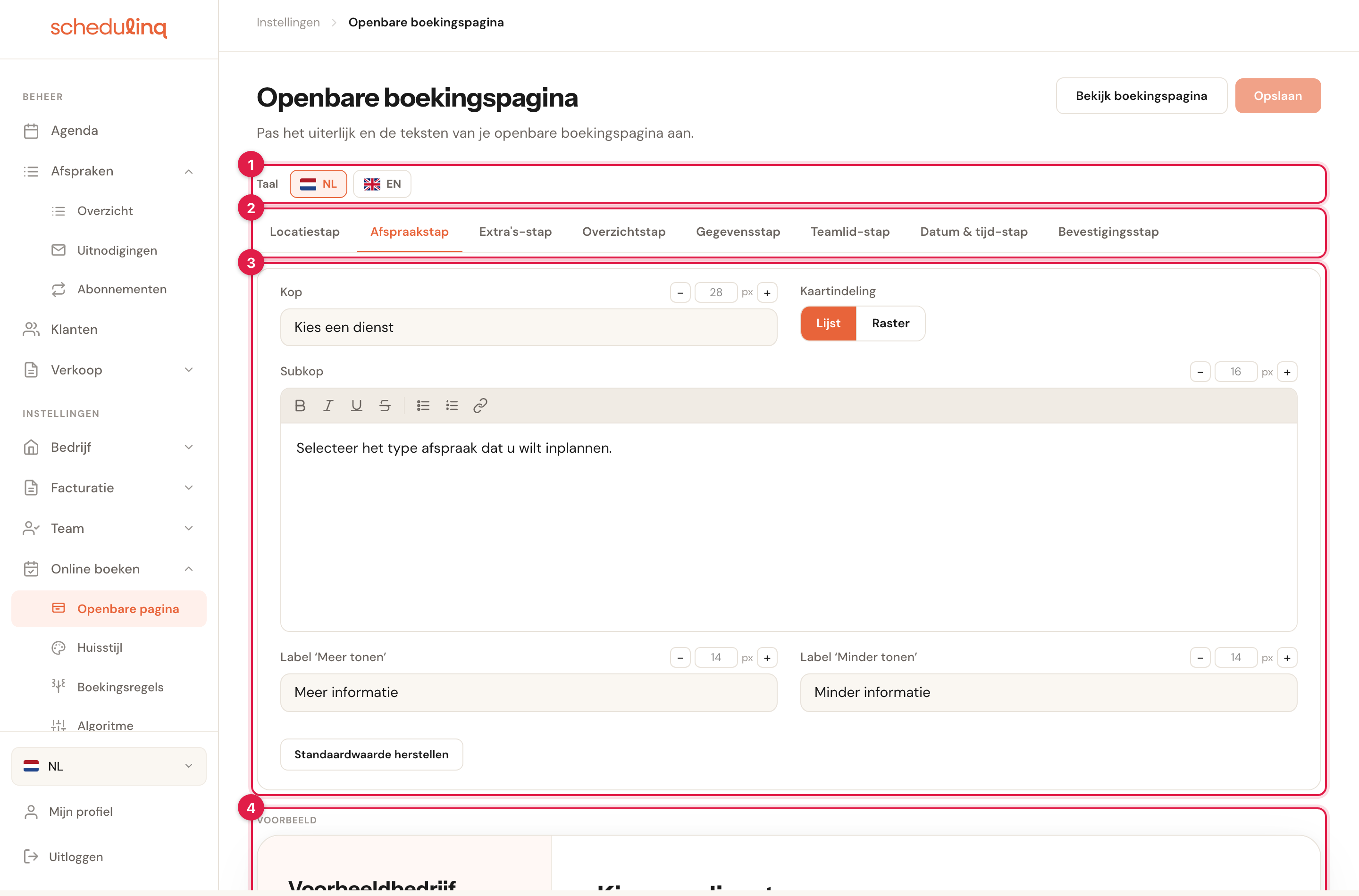 Hetzelfde scherm met vier genummerde markeringen bij de taalbalk, de stappenbalk, het bewerkpaneel en het voorbeeld.
