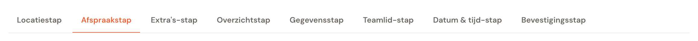 De stappenbalk met Locatiestap, Afspraakstap, Extra's-stap, Overzichtstap, Gegevensstap, Teamlid-stap, Datum & tijd-stap en Bevestigingsstap.