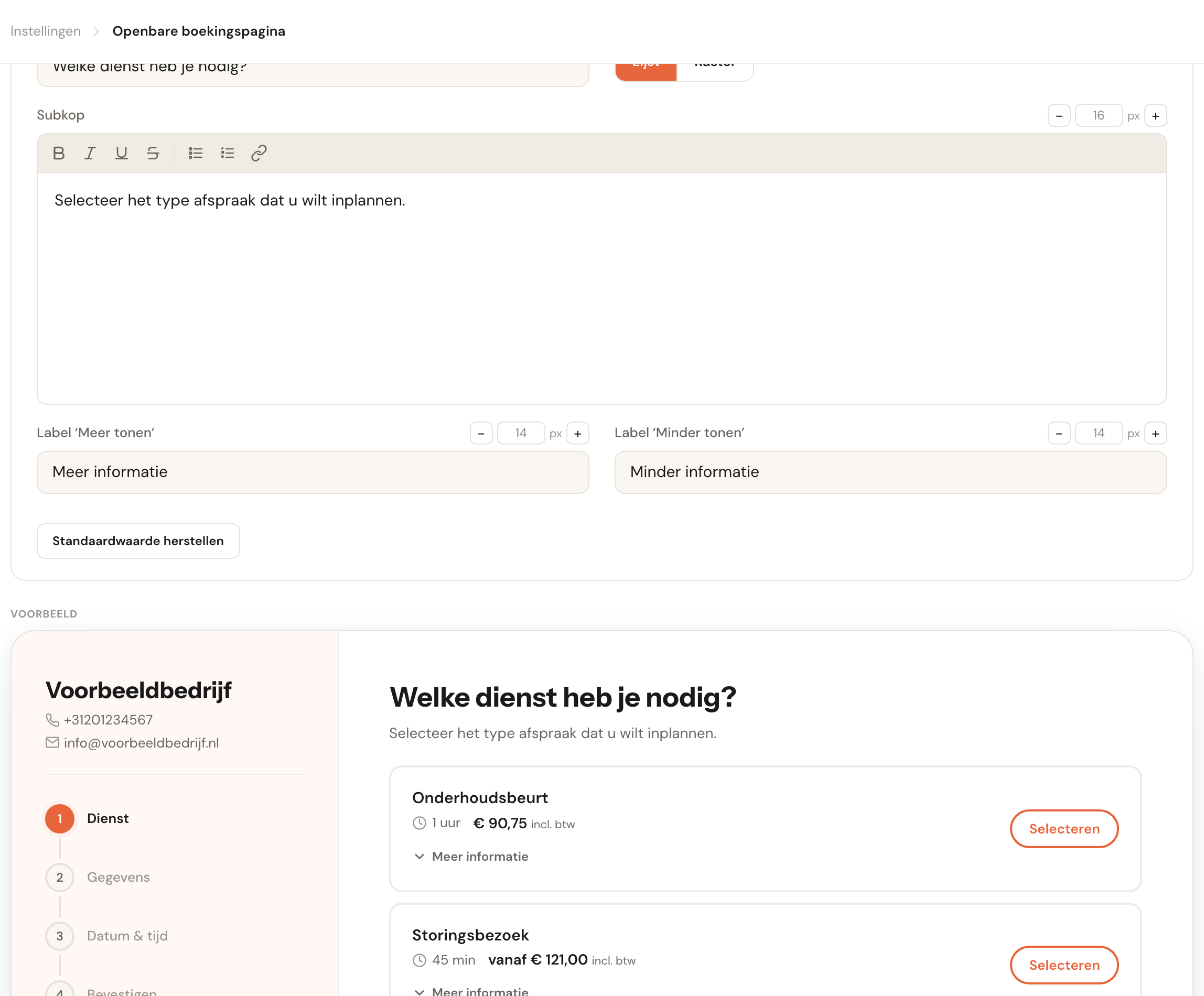 Het bewerkpaneel met een aangepaste kop, en het voorbeeld eronder waarin dezelfde kop is meeveranderd.