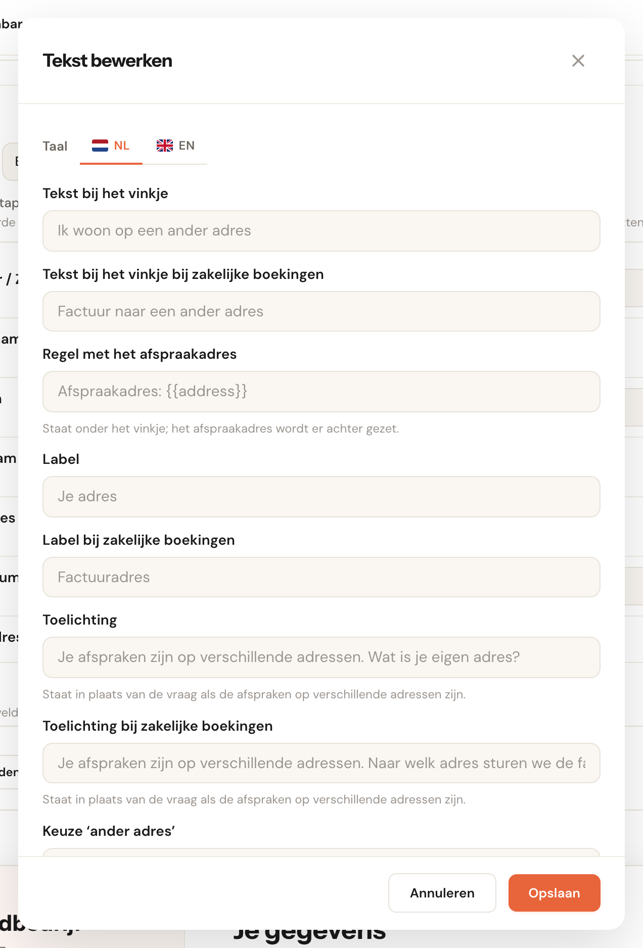 Het venster Tekst bewerken voor het factuuradres, met de vakken Tekst bij het vinkje, Regel met het afspraakadres, Label en Toelichting, elk ook voor zakelijke boekingen.