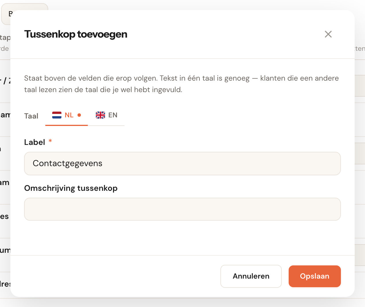 Het venster Tussenkop toevoegen met de vakken Label en Omschrijving tussenkop, en een taalbalk.