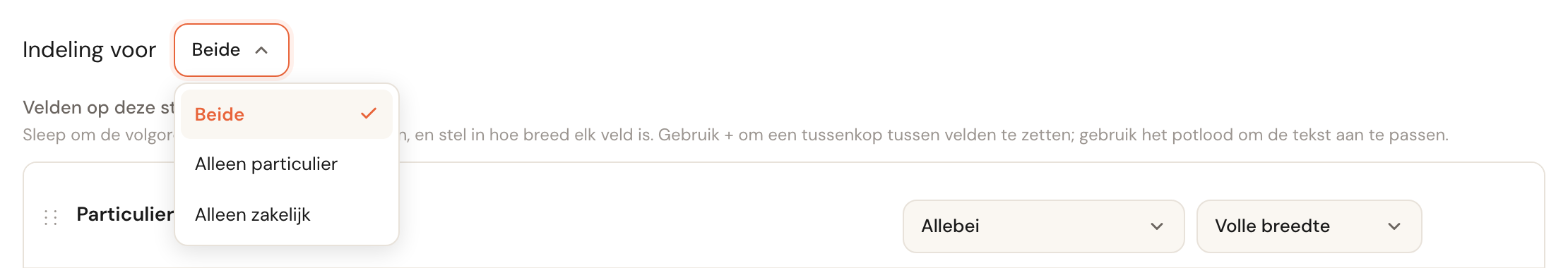 De keuze Indeling voor met de opties Beide, Alleen particulier en Alleen zakelijk.