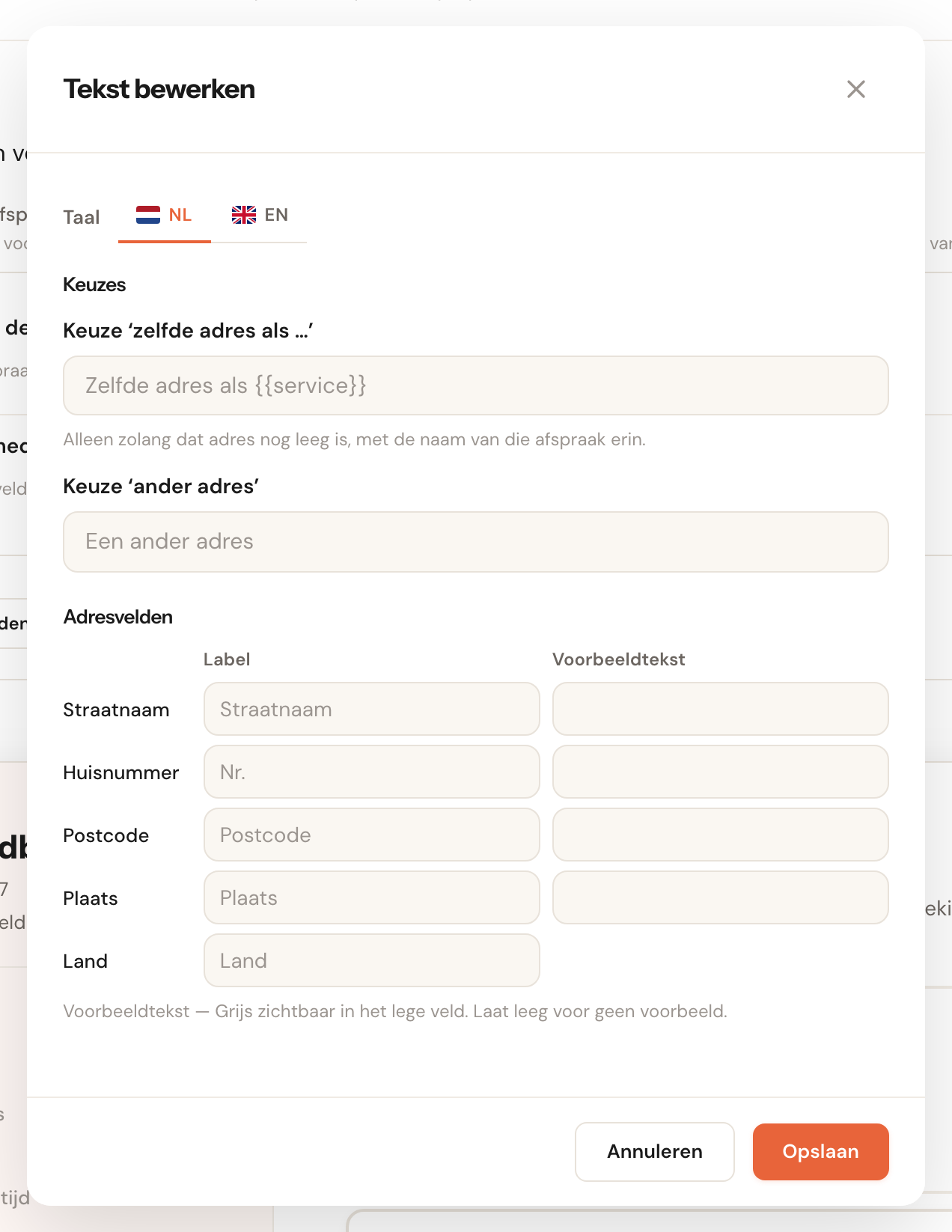 Het venster Tekst bewerken voor het adres van de afspraak: de keuzes Zelfde adres als en Ander adres, en een tabel met label en voorbeeldtekst voor straatnaam, huisnummer, postcode, plaats en land.