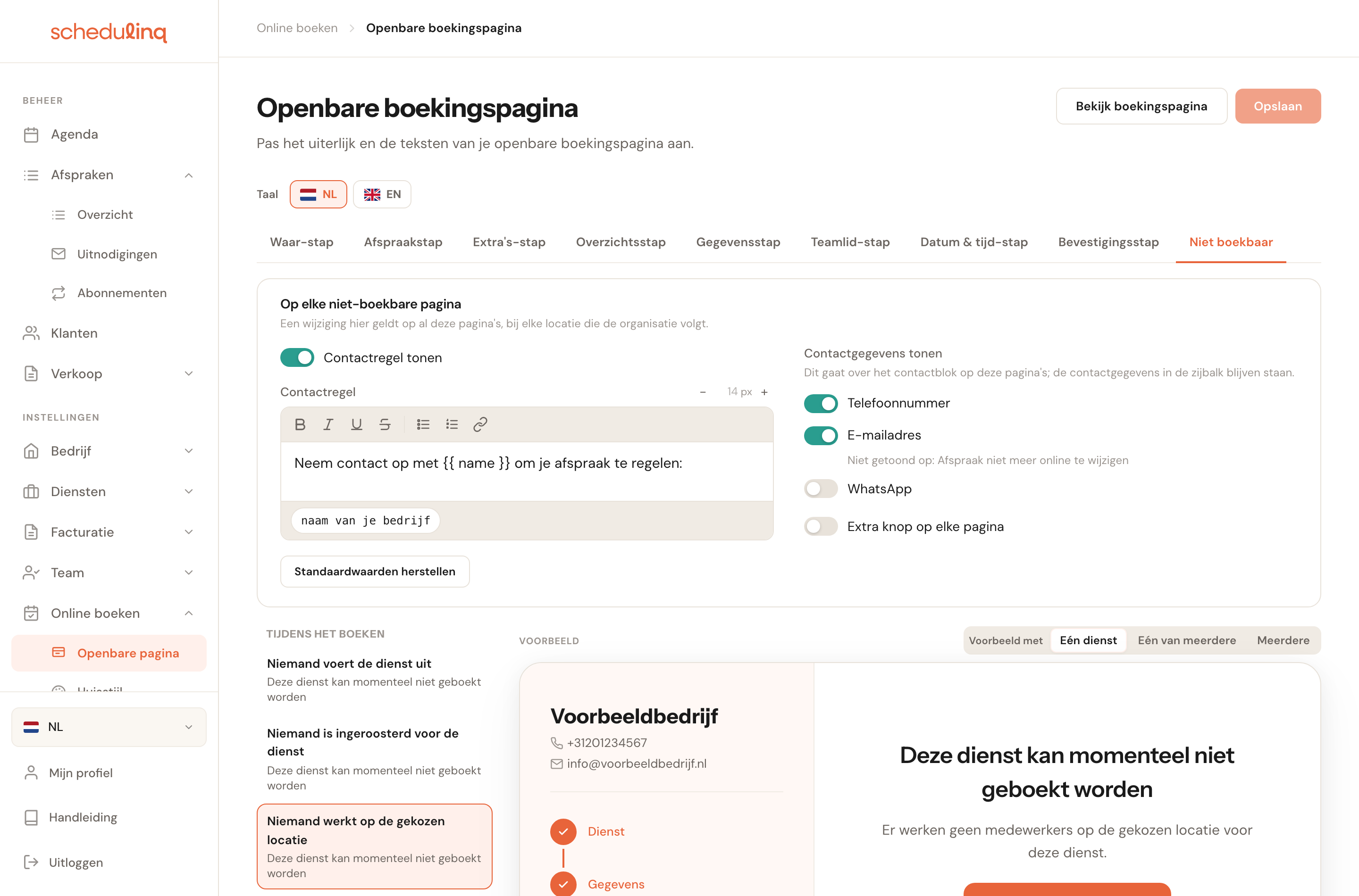 Het tabblad Niet boekbaar: bovenaan het blok Op elke niet-boekbare pagina, daaronder links de lijst met situaties en rechts het voorbeeld met de pagina Niemand werkt op de gekozen locatie.