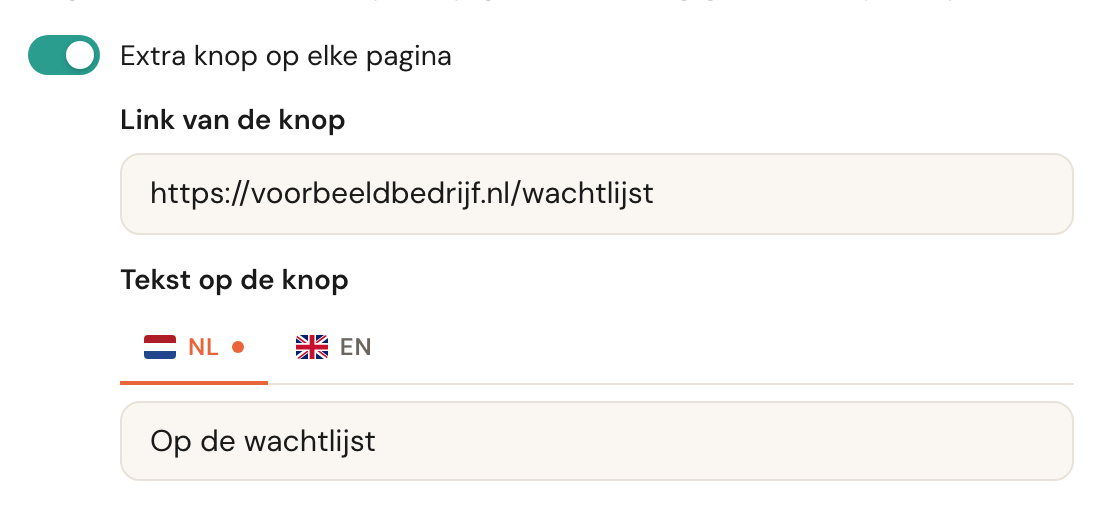 De schakelaar Extra knop op elke pagina aangezet, met het vak Link van de knop en daaronder Tekst op de knop met de taaltabbladen NL en EN.