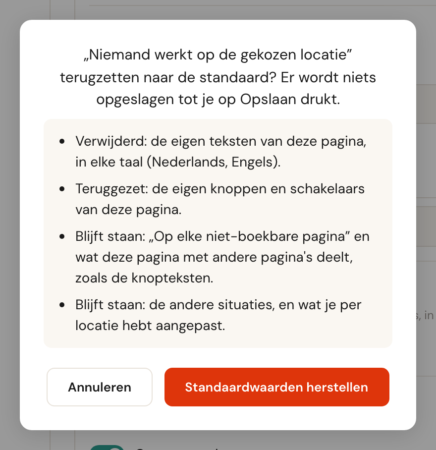 De bevestiging bij het terugzetten van een situatie: wat verwijderd en teruggezet wordt, met de talen erbij, en wat blijft staan.