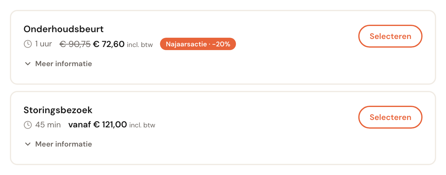 Op de dienststap staat bij Onderhoudsbeurt de gewone prijs € 90,75 doorgestreept, met € 72,60 incl. btw en het label Najaarsactie · −20%.