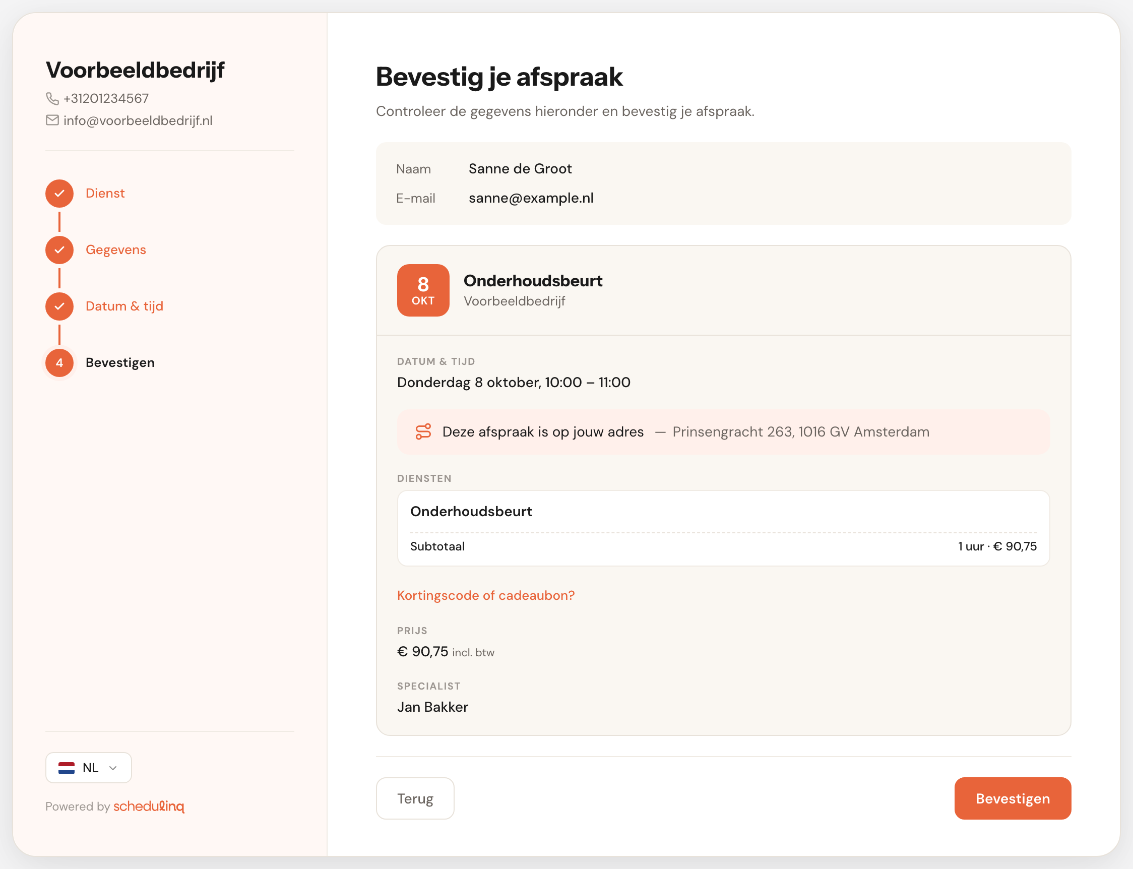 De laatste stap, Bevestig je afspraak, met onder de dienst de link Kortingscode of cadeaubon? boven de prijs € 90,75 incl. btw. Een klik op de link opent het vak om de code in te typen.