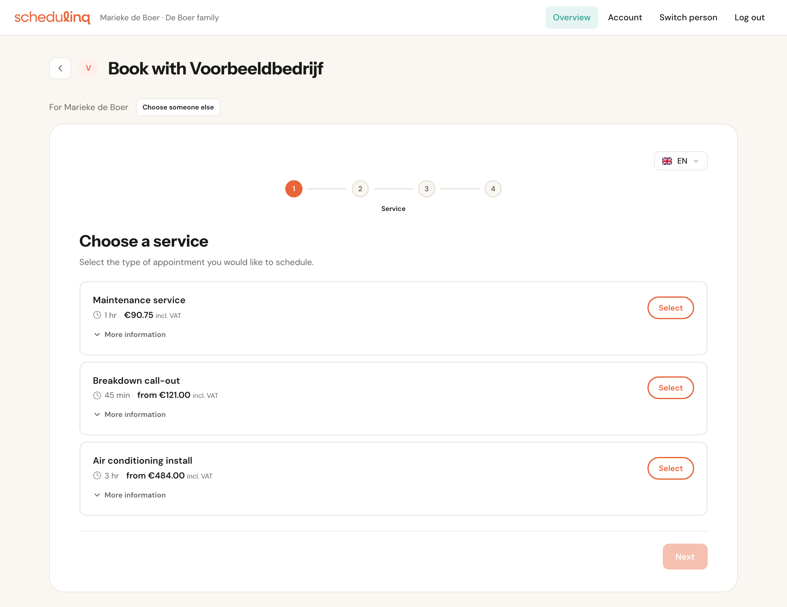 Voorbeeldbedrijf's booking flow in the portal: For Marieke de Boer with Choose someone else, and the step Choose a service with Maintenance service, Breakdown call-out and Air conditioning install.