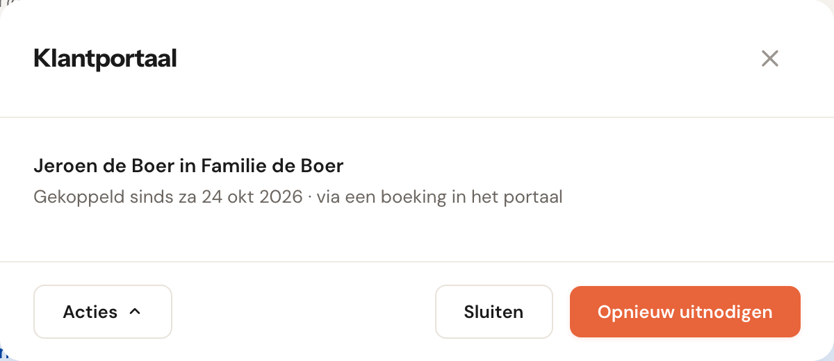 Het venster Klantportaal van Jeroen de Boer: Jeroen de Boer in Familie de Boer, Gekoppeld sinds za 24 okt 2026 · via een boeking in het portaal.