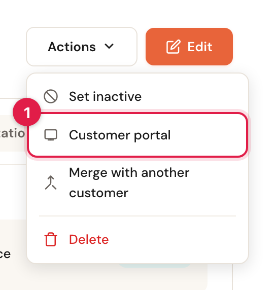 The Actions menu on the customer record, with Set inactive, Customer portal (highlighted), Merge with another customer and Delete.