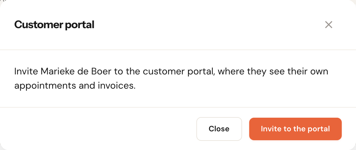 The Customer portal window with the text Invite Marieke de Boer to the customer portal and the button Invite to the portal.