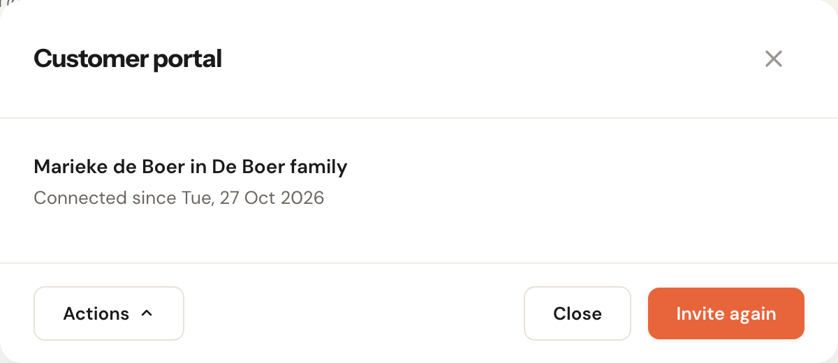 The Customer portal window with the line Marieke de Boer in De Boer family, Connected since Tue, 27 Oct 2026, and the Actions button at the bottom left.