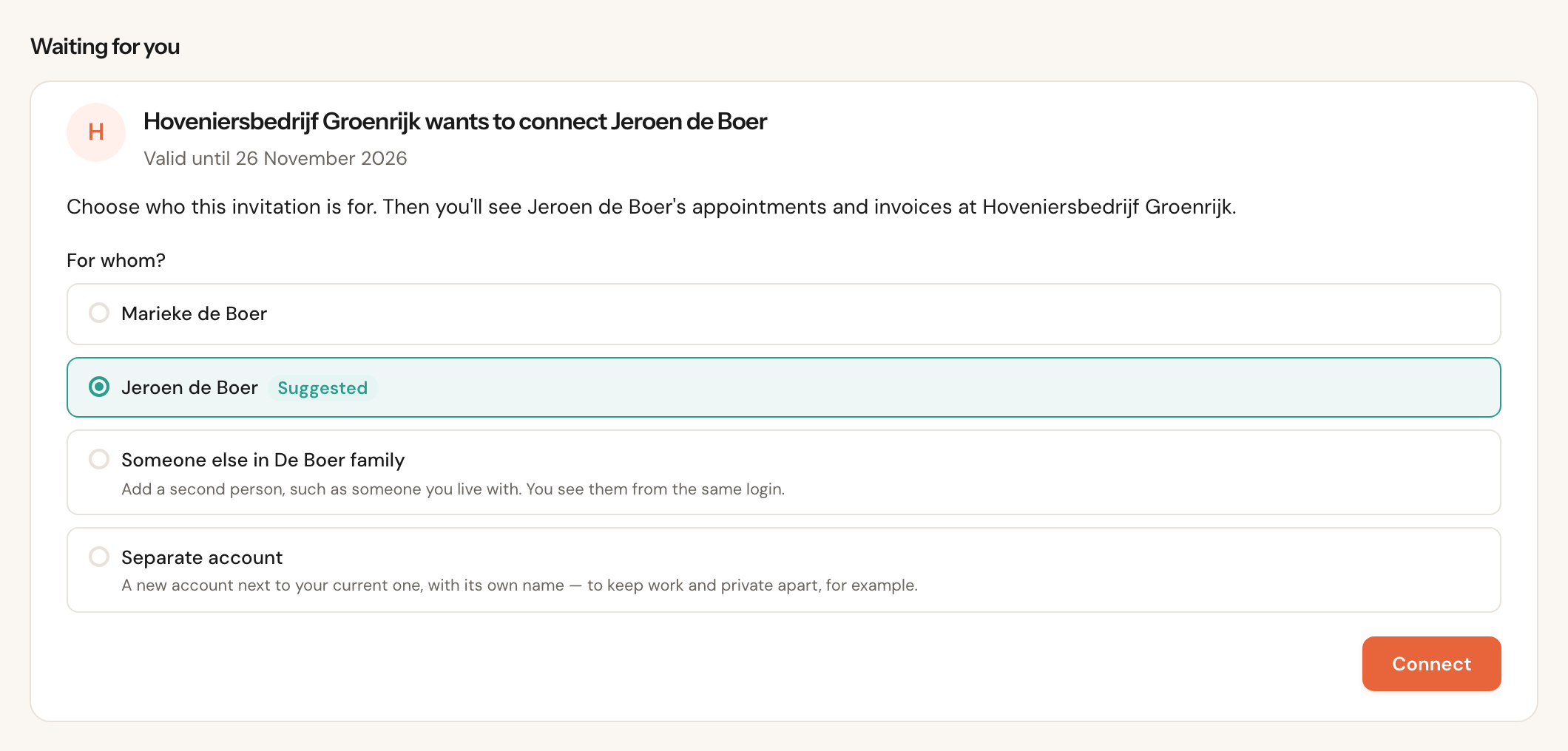 The invitation in the portal: Hoveniersbedrijf Groenrijk wants to connect Jeroen de Boer, valid until 26 November 2026, with the options Marieke de Boer, Jeroen de Boer (Suggested, selected), Someone else in De Boer family and Separate account, and the Connect button.