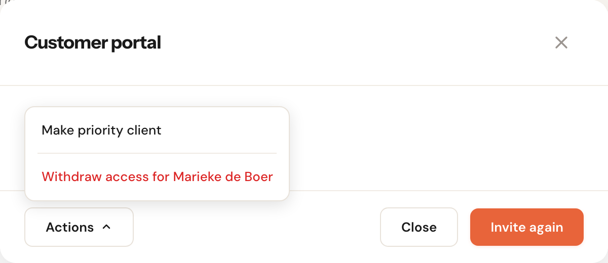 The Customer portal window with the Actions menu open: Make priority client and, in red, Withdraw access for Marieke de Boer.