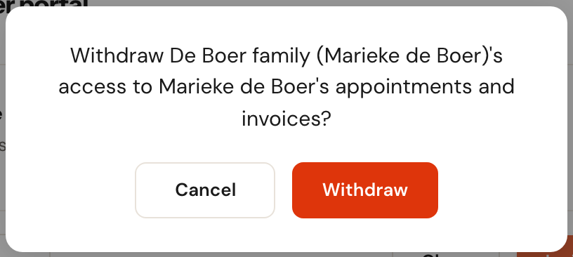 The question Withdraw De Boer family (Marieke de Boer)'s access to Marieke de Boer's appointments and invoices? with Cancel and Withdraw.