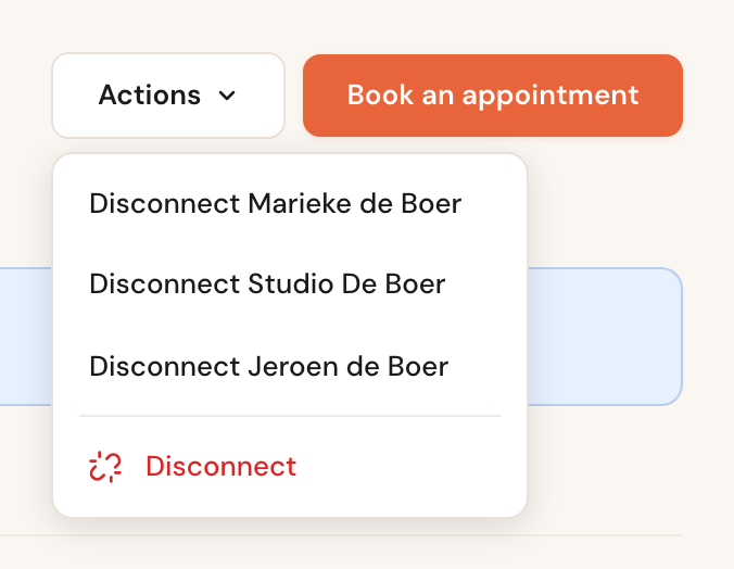 The Actions menu on the business page in the portal: Disconnect Marieke de Boer, Disconnect Studio De Boer, Disconnect Jeroen de Boer and, in red, Disconnect.