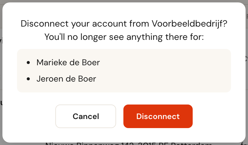 The question Disconnect your account from Voorbeeldbedrijf? You'll no longer see anything there for: Marieke de Boer, Jeroen de Boer, with Cancel and Disconnect.