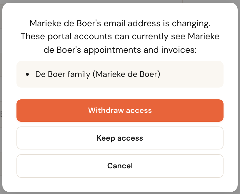 The question Marieke de Boer's email address is changing. These portal accounts can currently see Marieke de Boer's appointments and invoices: De Boer family (Marieke de Boer), with the buttons Withdraw access, Keep access and Cancel.
