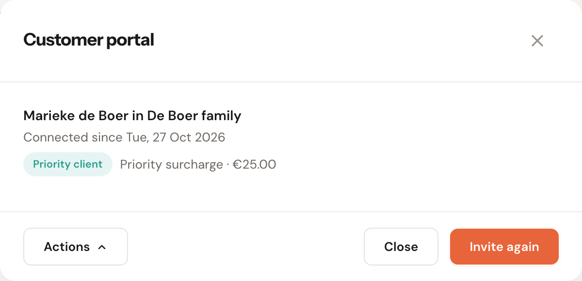 The Customer portal window with Marieke de Boer in De Boer family, the Priority client label and Priority surcharge · €25.00.