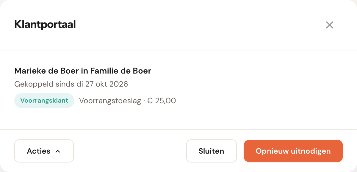 Het venster Klantportaal met Marieke de Boer in Familie de Boer, het label Voorrangsklant en Voorrangstoeslag · € 25,00.