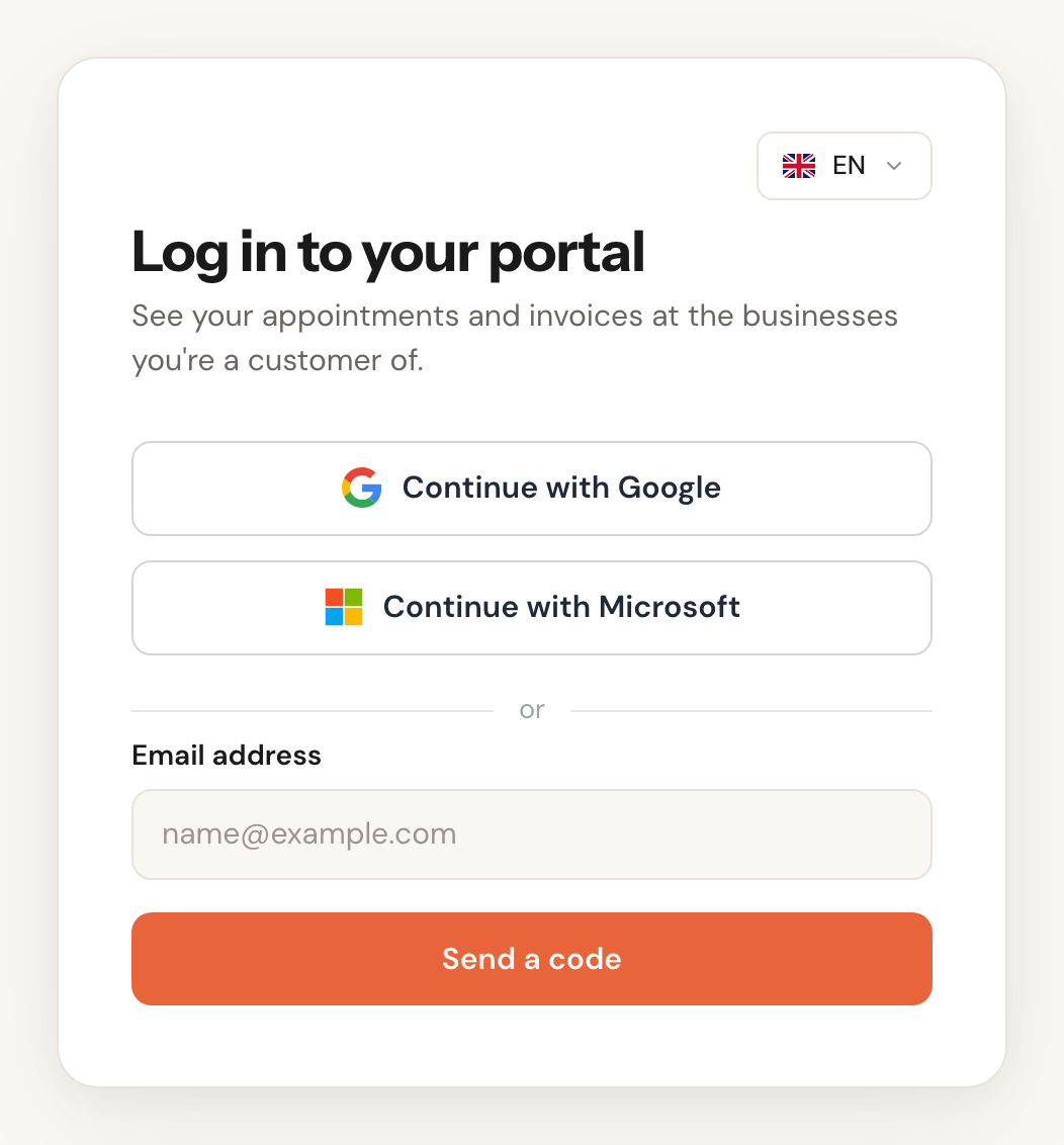 The portal's login page: Log in to your portal, the buttons Continue with Google and Continue with Microsoft, an Email address field and the Send a code button.