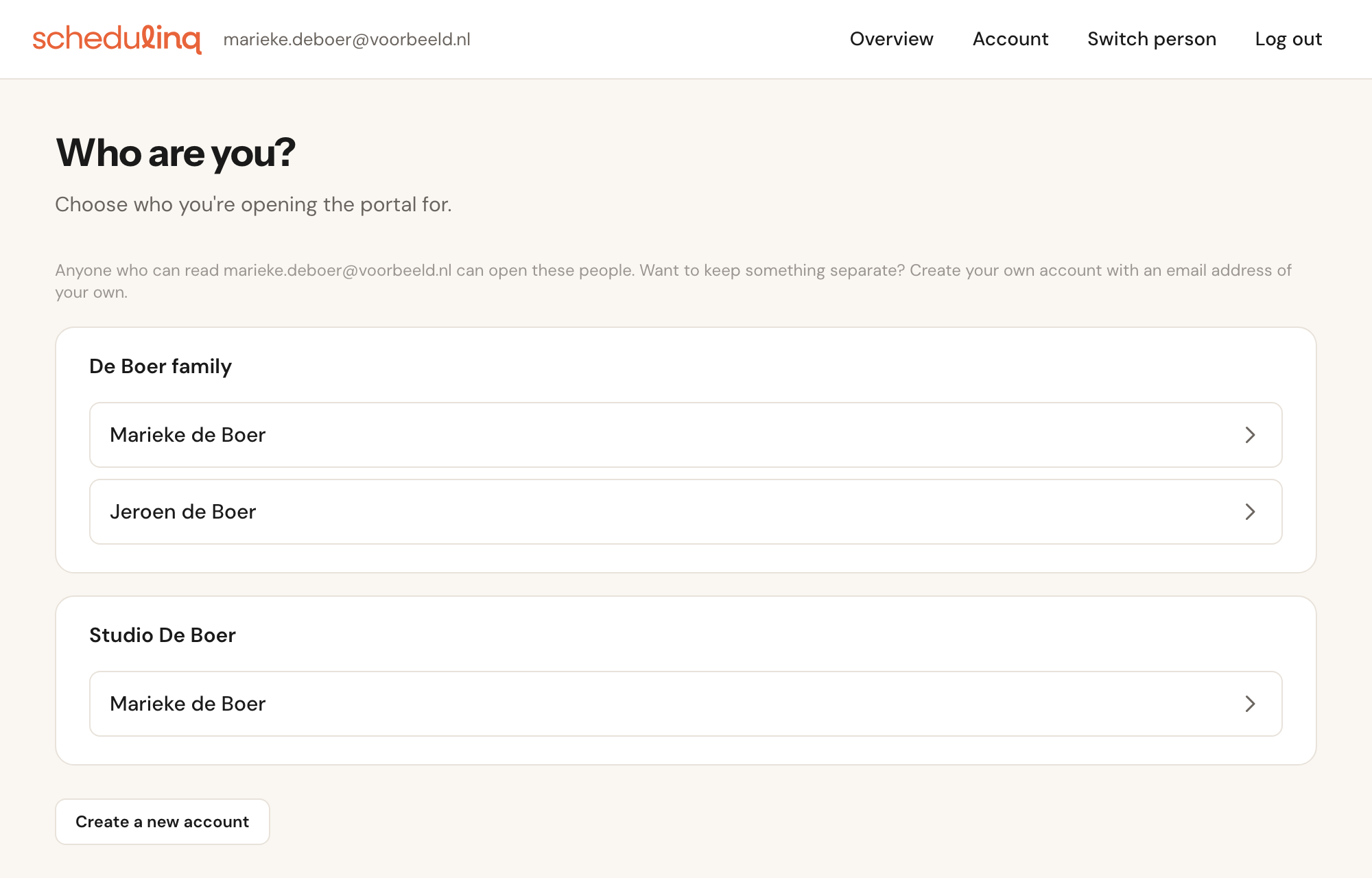 The Who are you? page with the note that anyone who can read the email address can open these people, the account De Boer family with Marieke and Jeroen de Boer, the account Studio De Boer with Marieke de Boer, and the Create a new account button.