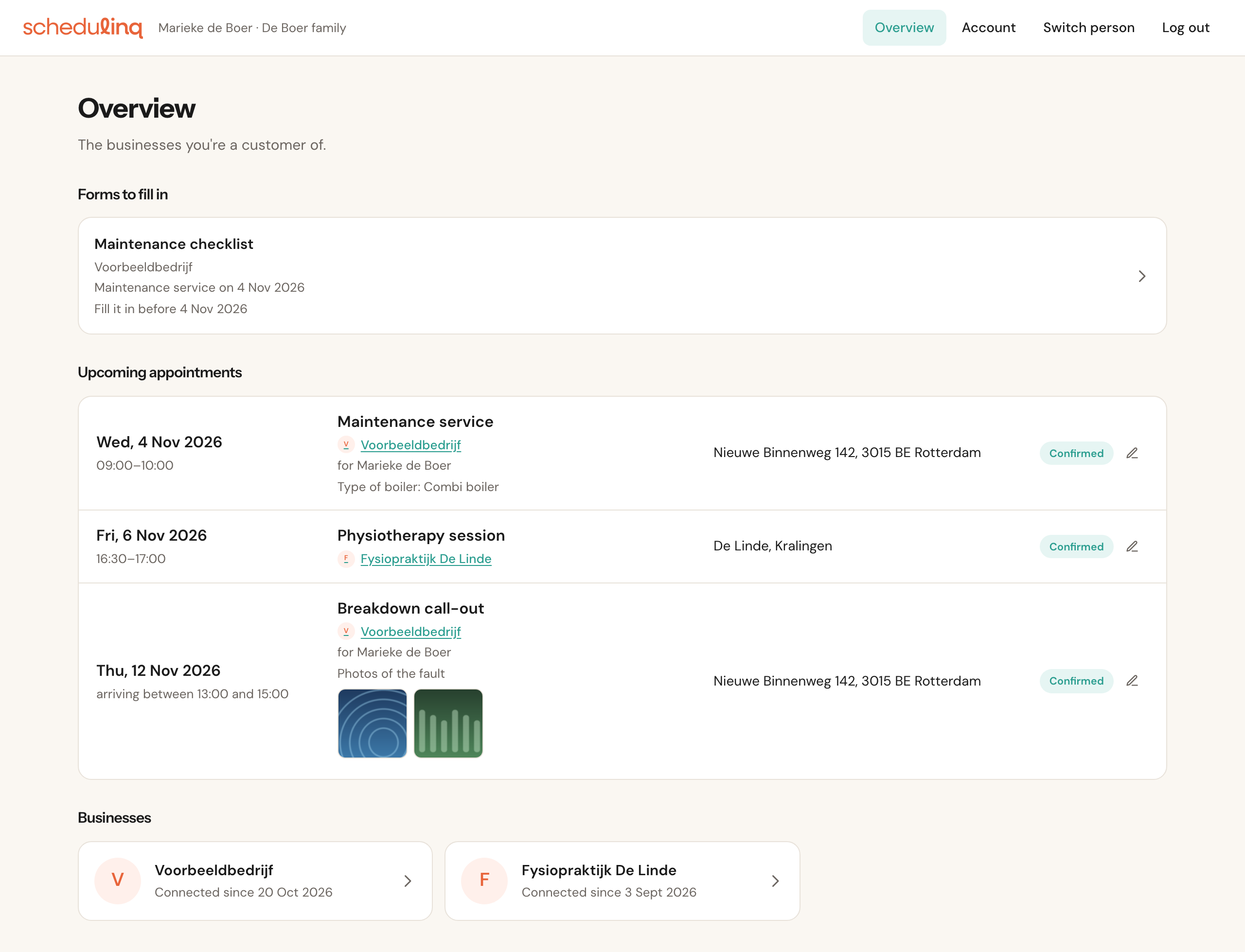 The overview: Forms to fill in with Maintenance checklist, Upcoming appointments at Voorbeeldbedrijf and Fysiopraktijk De Linde, and the cards of both businesses.