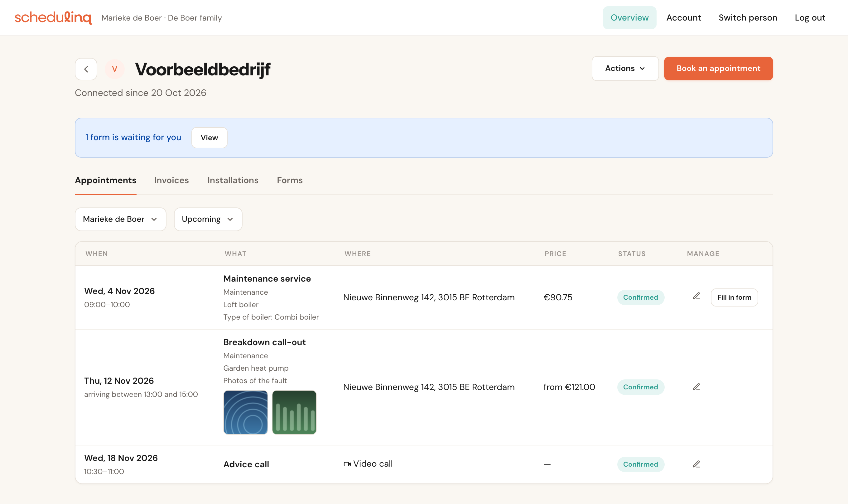 The business page Voorbeeldbedrijf: the message 1 form is waiting for you, the tabs Appointments, Invoices, Installations and Forms, the filters Marieke de Boer and Upcoming, and three upcoming appointments with when, what, where, price, status and manage.