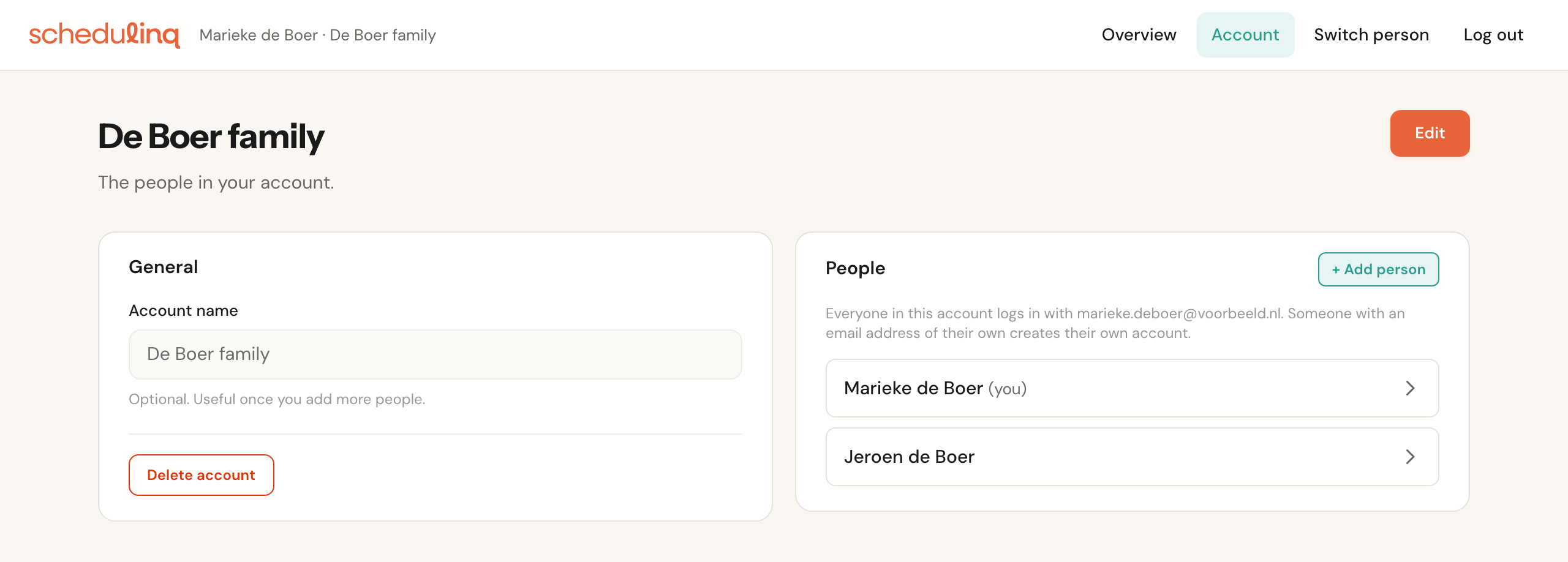 The account page De Boer family with the General card (account name and the Delete account button) and the People card with Marieke de Boer (you) and Jeroen de Boer.