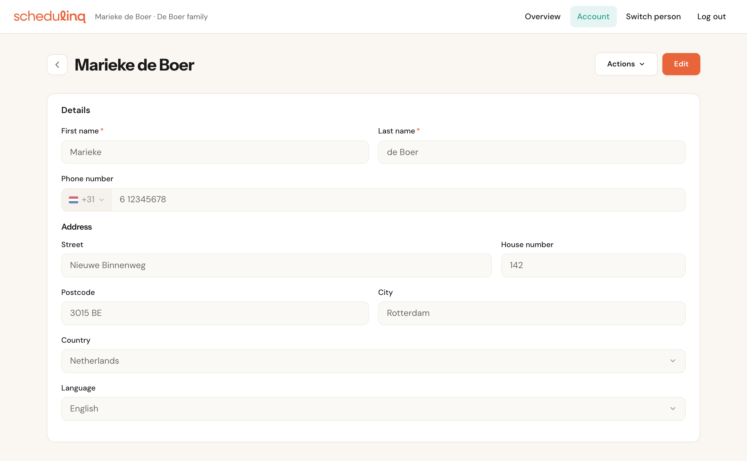 Marieke de Boer's page with First name, Last name, Phone number, Address (street, house number, postcode, city), Country and Language, and Actions and Edit at the top right.