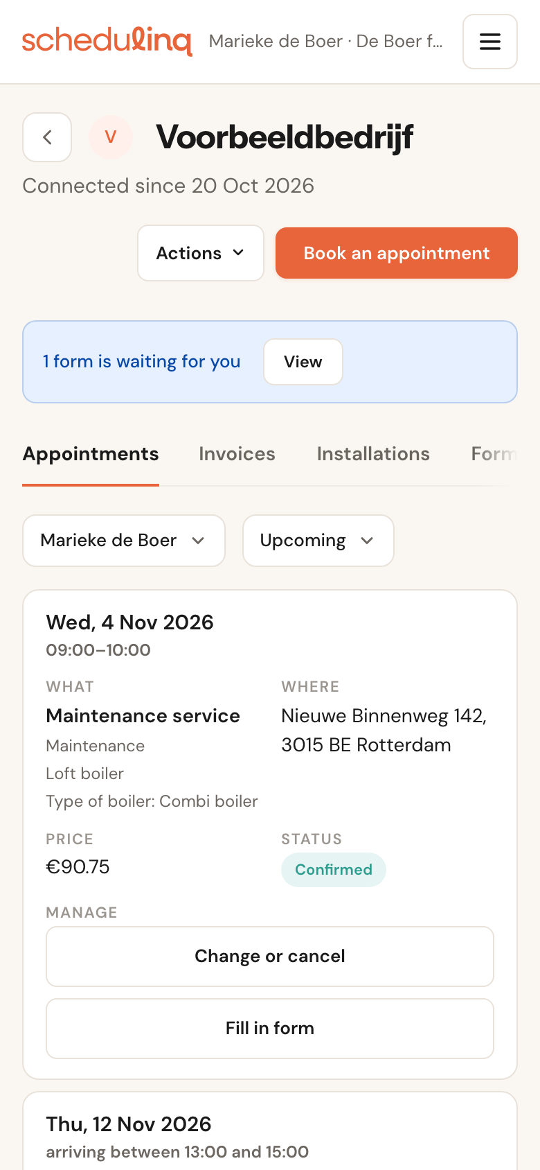 The business page on a phone: the 4 November appointment as a card, with what, where, price, status and the buttons Change or cancel and Fill in form.