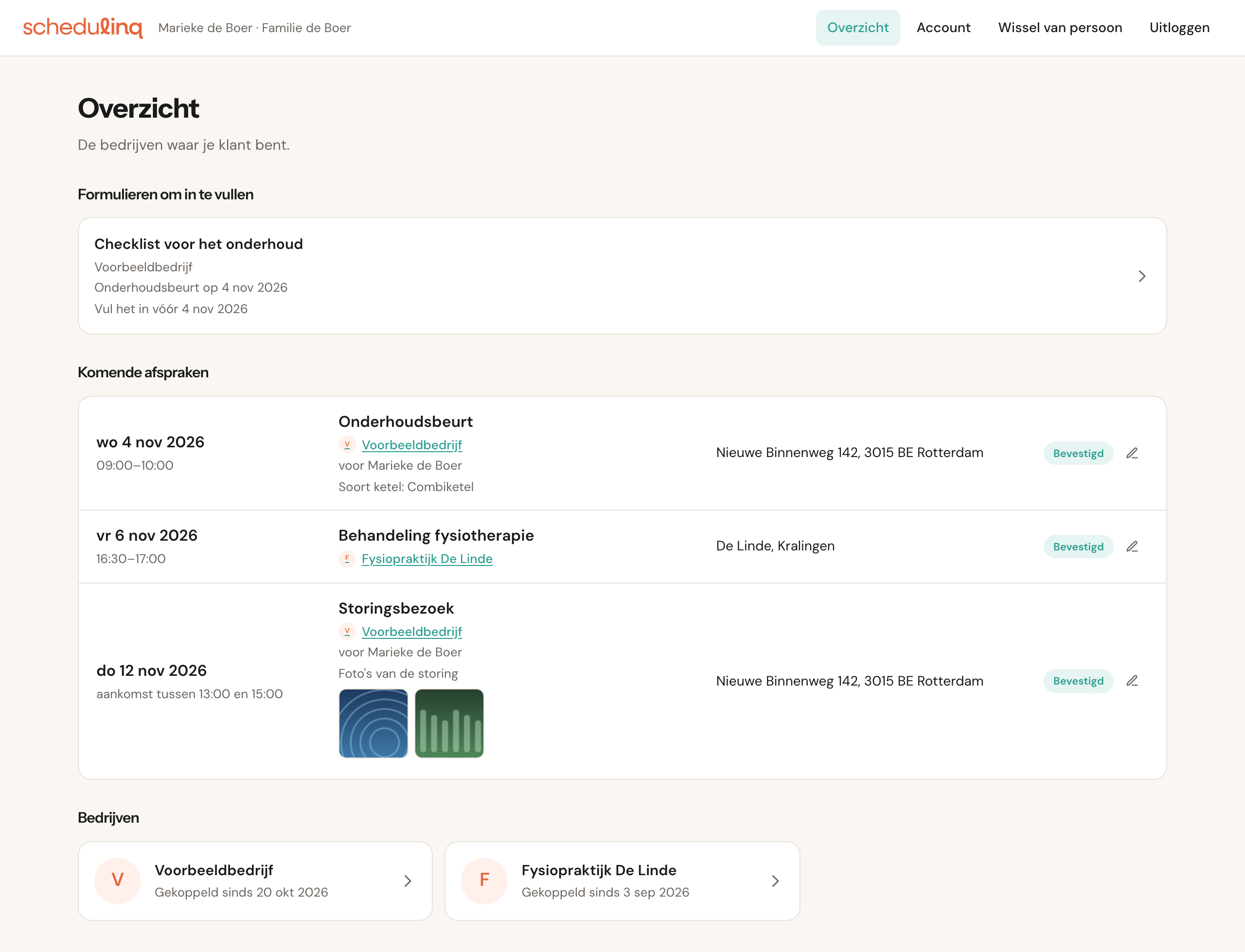 Het overzicht: Formulieren om in te vullen met Checklist voor het onderhoud, Komende afspraken bij Voorbeeldbedrijf en Fysiopraktijk De Linde, en de kaarten van beide bedrijven.
