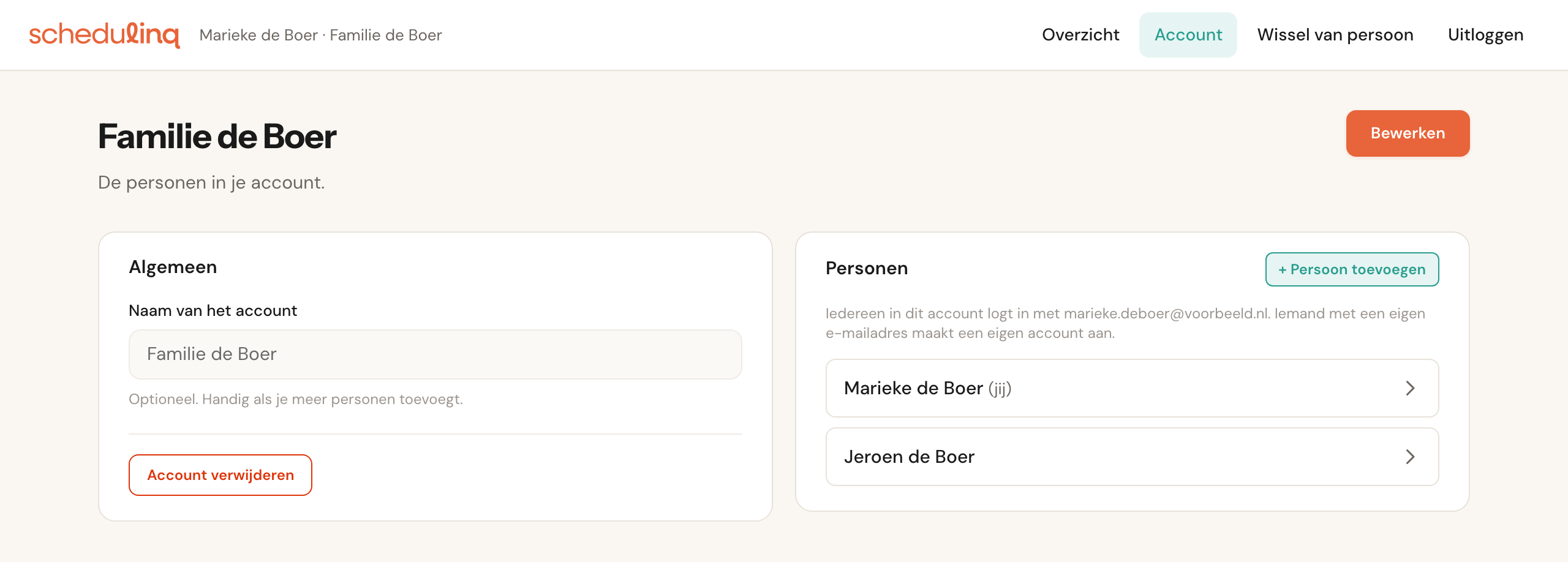 De accountpagina Familie de Boer met het blok Algemeen (naam van het account en de knop Account verwijderen) en het blok Personen met Marieke de Boer (jij) en Jeroen de Boer.