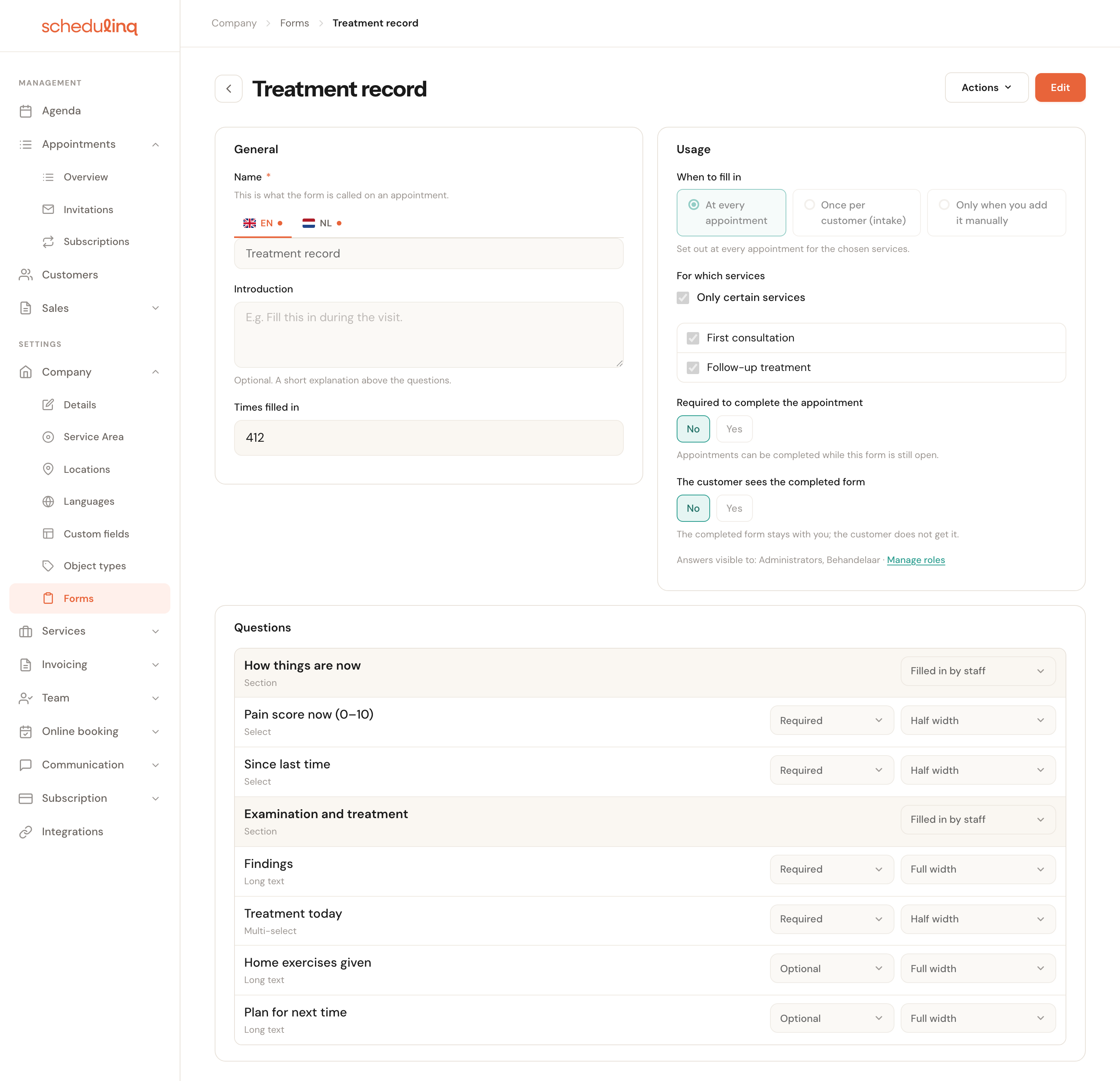 The Treatment record form in the builder: At every appointment, for First consultation and Follow-up treatment, not required to complete the appointment, not shared with the customer, and two sections staff fill in.