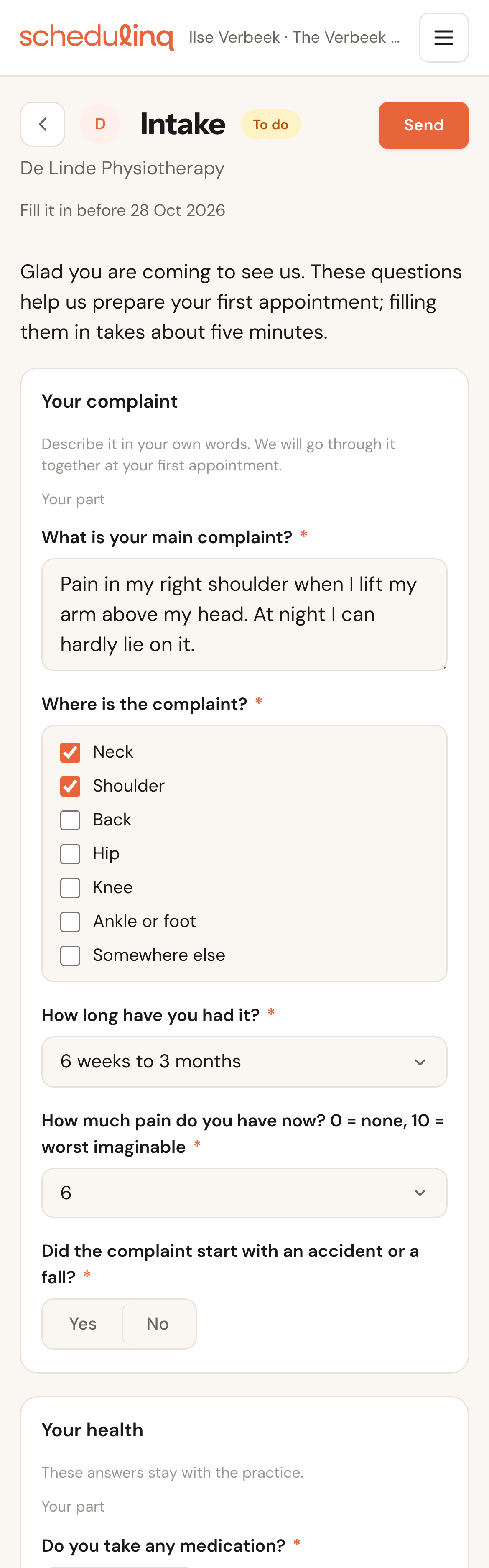 The intake in the customer portal on a phone: the title Intake with To do and the Send button, the introduction, and the section Your complaint half filled in.