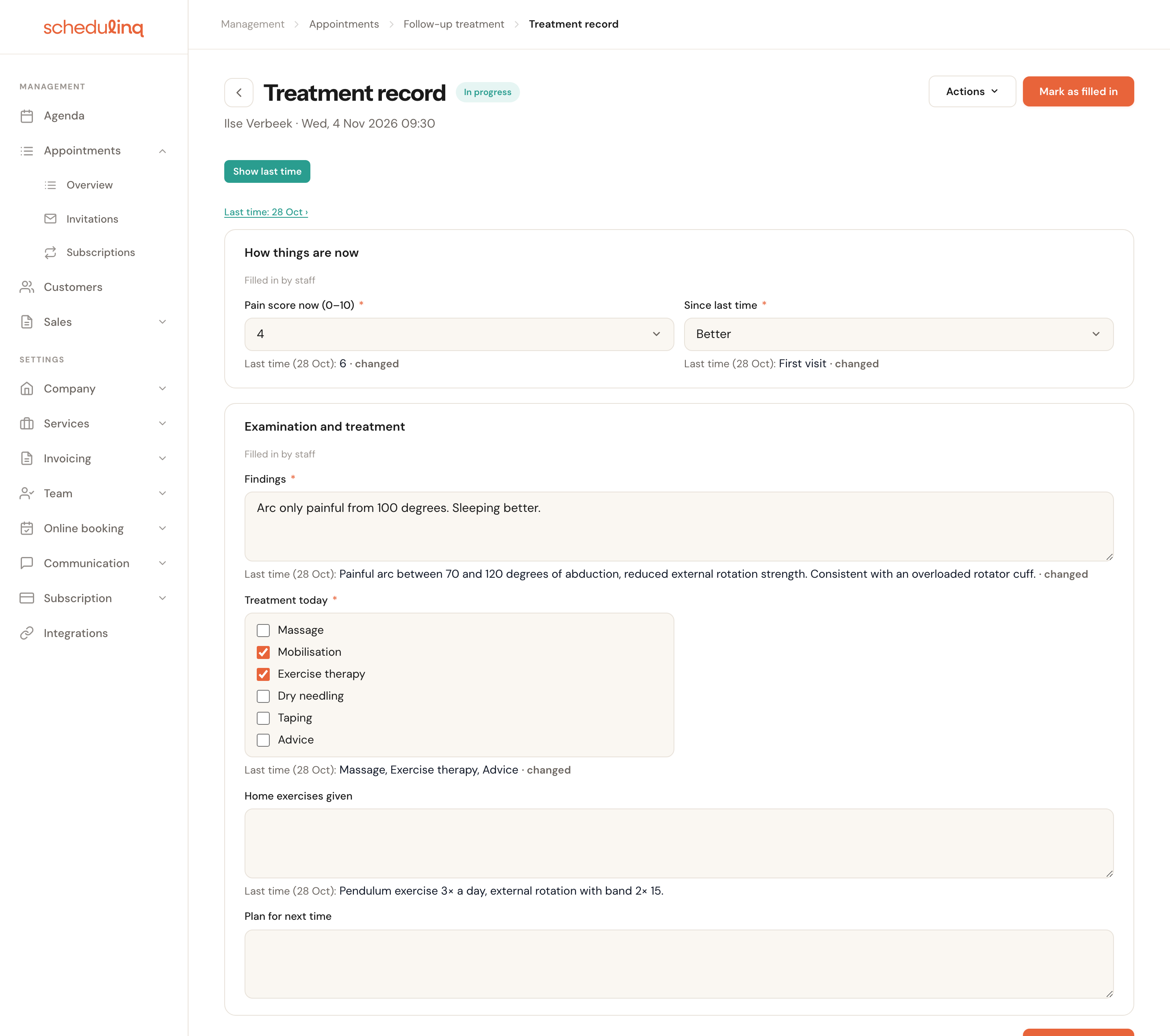 The treatment record of a follow-up treatment with Show last time on: under Pain score it says Last time (28 Oct): 6 · changed, under the findings and the treatment the answers from the first consultation.