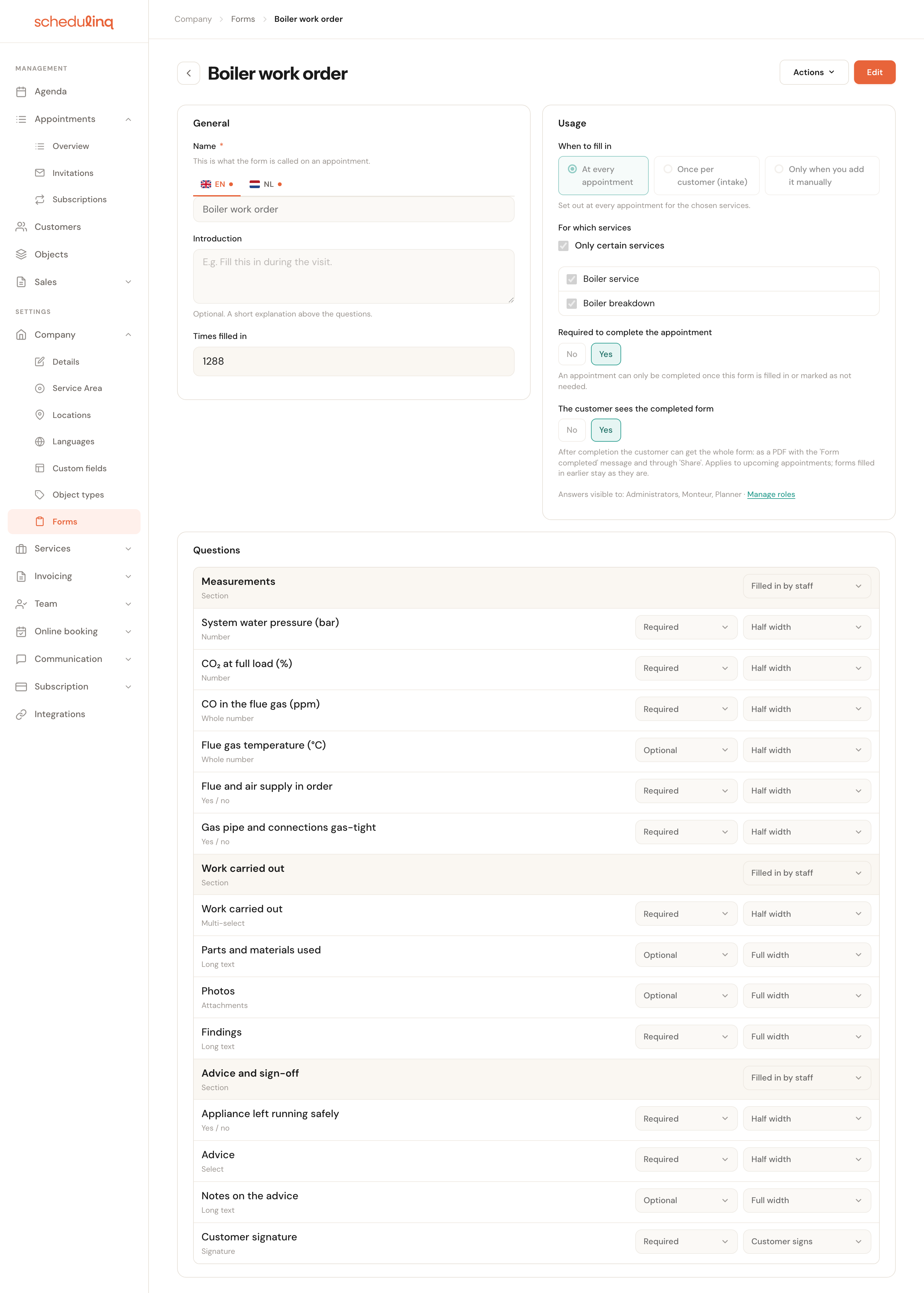 The Boiler work order form in the builder: At every appointment for Boiler service and Boiler breakdown, Required to complete the appointment set to Yes, The customer sees the completed form set to Yes, and three sections staff fill in, with the customer's signature at the bottom.