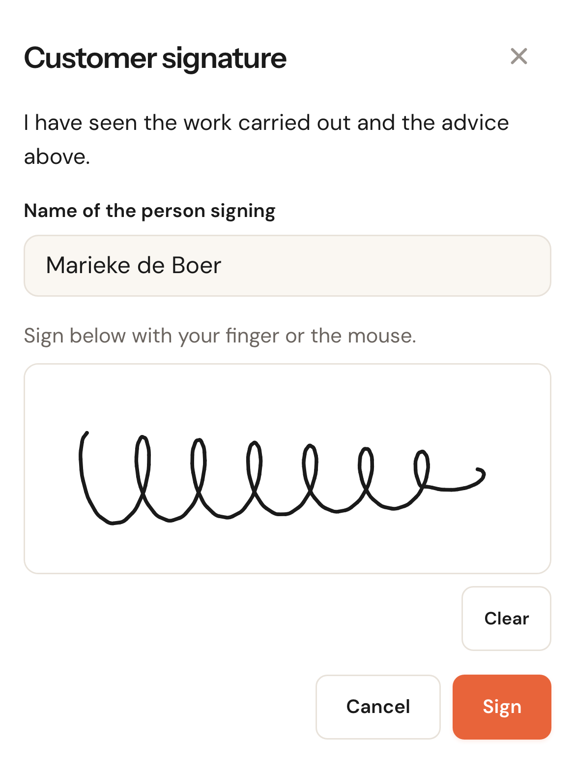 The signing screen on the phone: Customer signature, the statement, the name Marieke de Boer, a signature in the pad, and the Clear, Cancel and Sign buttons.