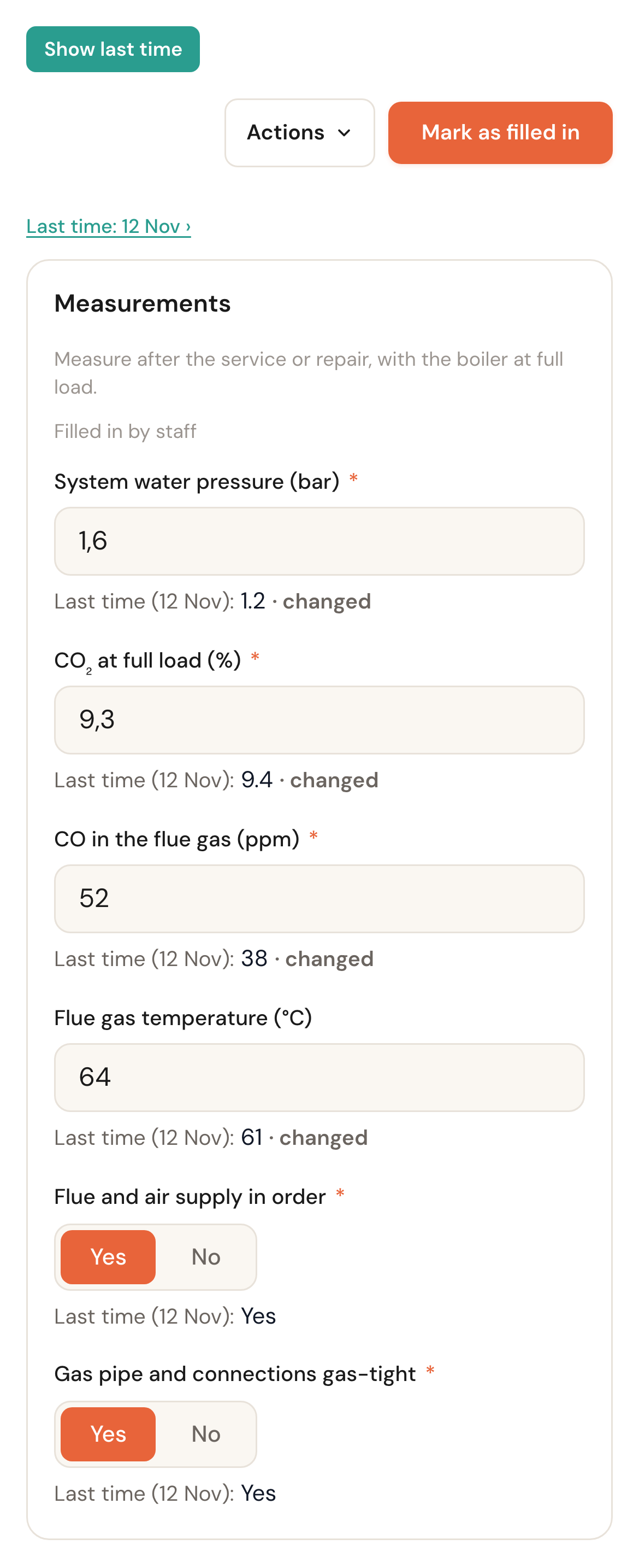 The measurements with Show last time on: under each measurement Last time (12 Nov) with last year's value and changed.
