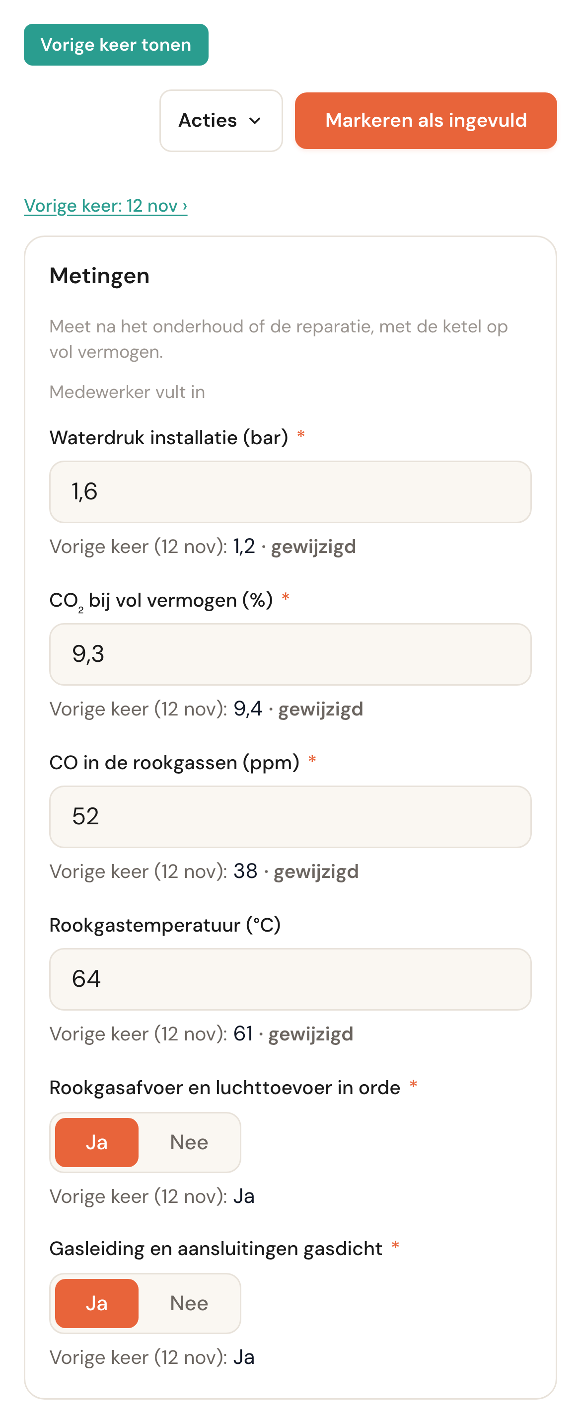 De metingen met Vorige keer tonen aan: onder elke meting Vorige keer (12 nov) met de waarde van vorig jaar en gewijzigd.