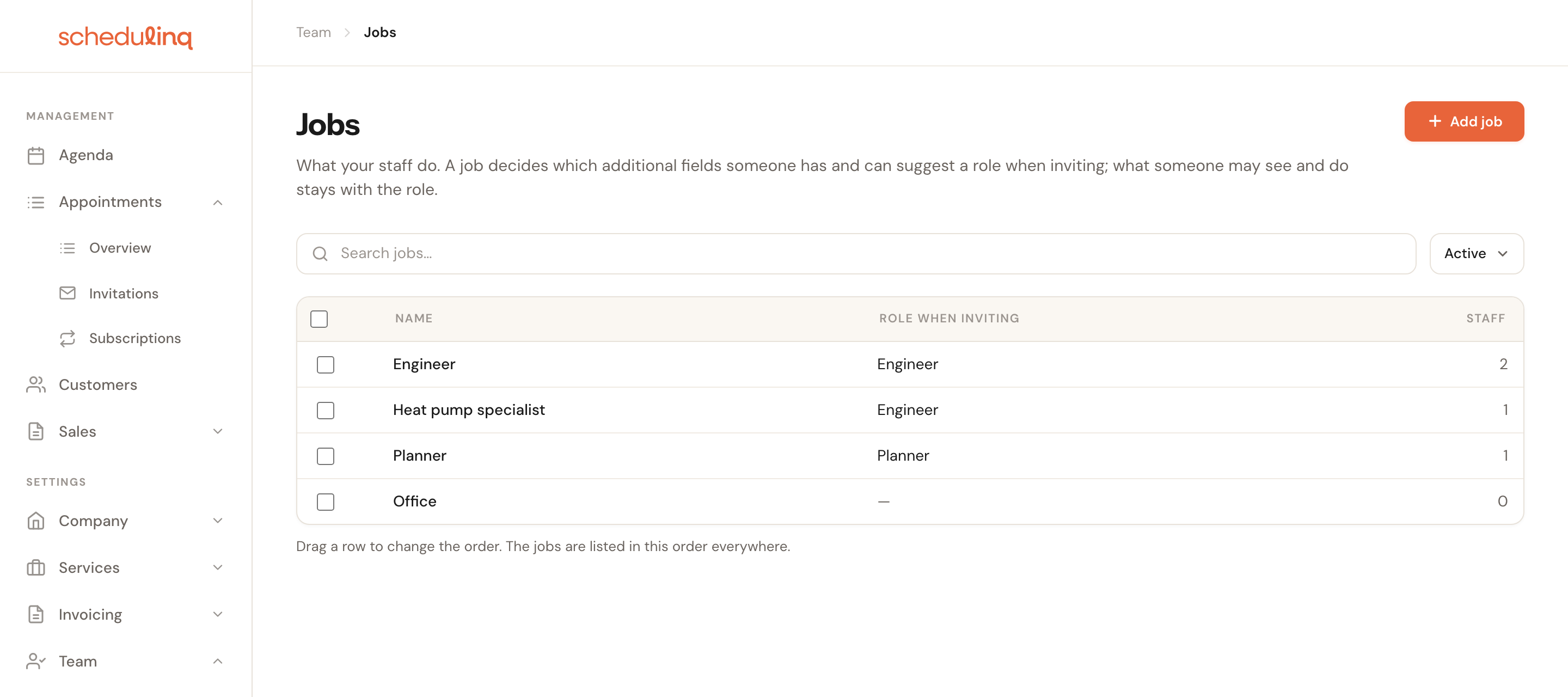The Jobs page with four rows: Engineer and Heat pump specialist with the role Engineer, Planner with the role Planner and Office with no role, and on the right the number of staff.