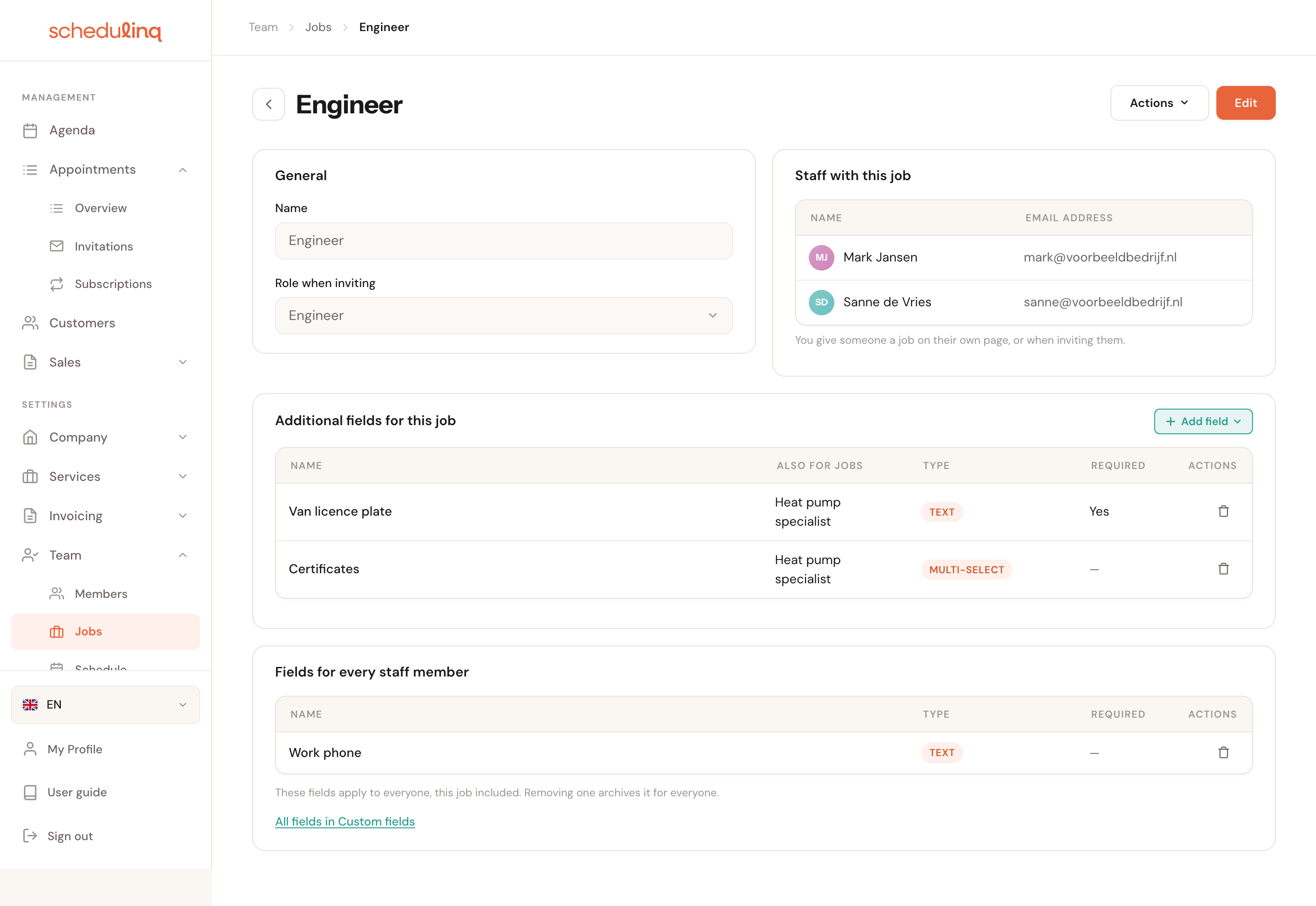 The page of the job Engineer: on the left General with the name and role when inviting, on the right Staff with this job listing Mark Jansen and Sanne de Vries, and below the cards Additional fields for this job and Fields for every staff member.