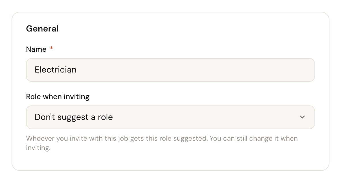 The New job form with the name Electrician and Don't suggest a role under Role when inviting, with the explanation below it.