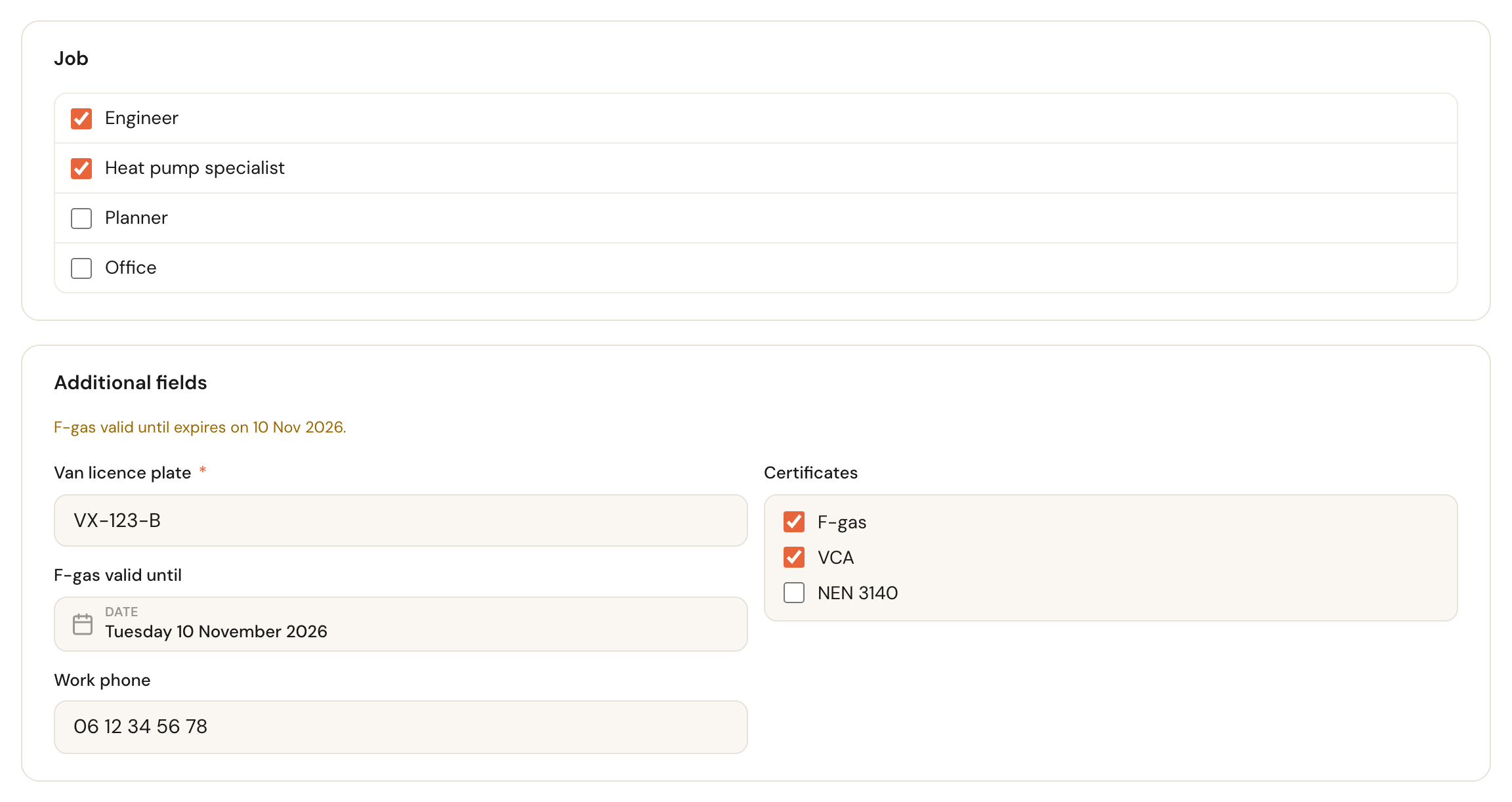 The profile in edit mode: the Job card with Engineer and Heat pump specialist ticked, and Additional fields with Van licence plate, Certificates, F-gas valid until and Work phone, with the warning F-gas valid until expires on 10 Nov 2026 at the top.