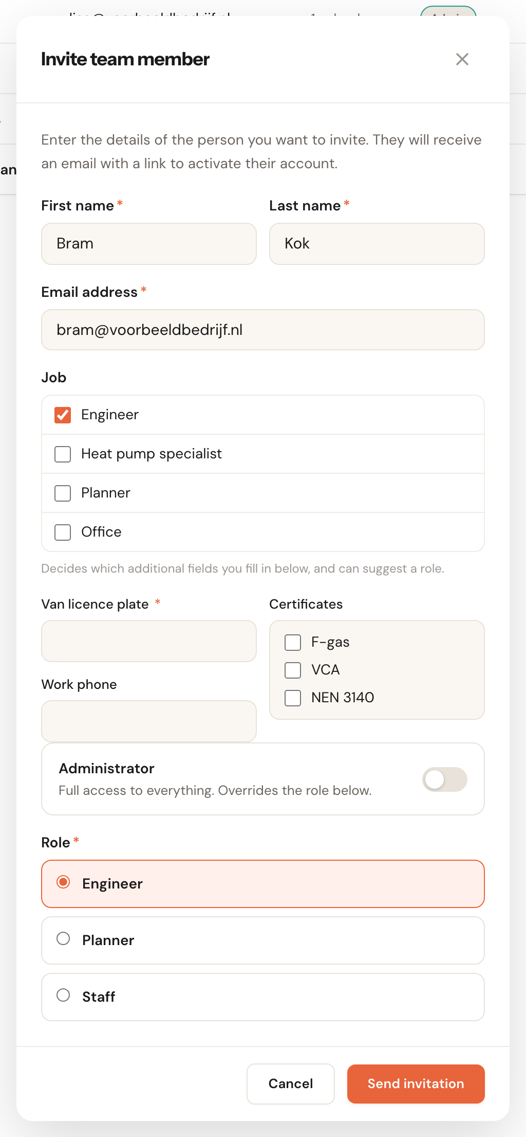 The Invite team member window for Bram Kok with the job Engineer ticked, the fields Van licence plate, Work phone and Certificates below it, and the suggested role Engineer selected under Role.